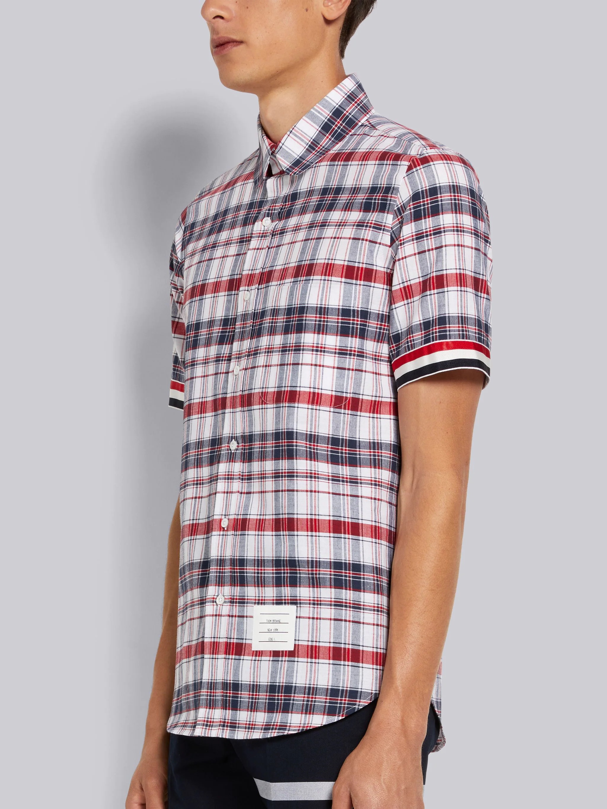 Multicolor Stripe Plaid Stripe Cuff Straight Fit Round Collar Short Sleeve Shirt - 2