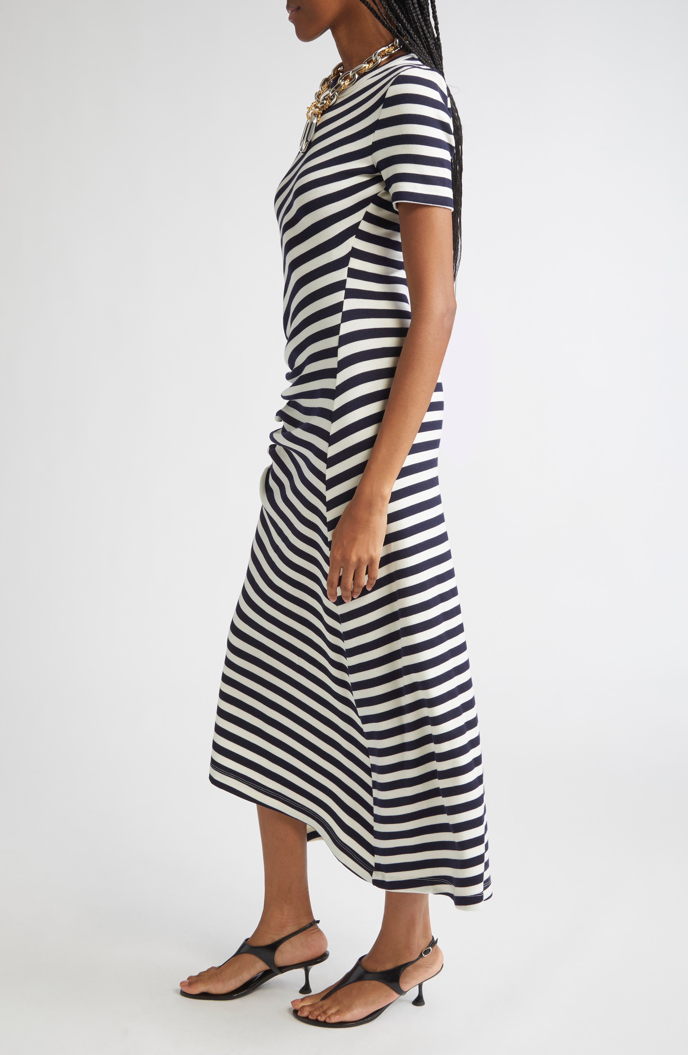 Rabanne Draped Stretch Virgin Wool Midi Dress in Navy /Cream at Nordstrom - 3