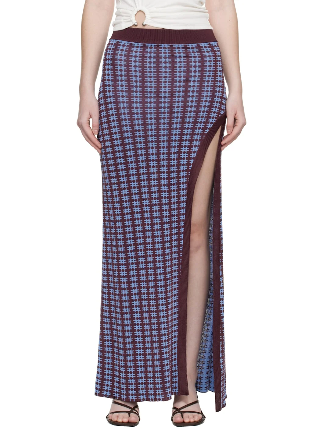 Blue & Burgundy Knit Midi Skirt - 1