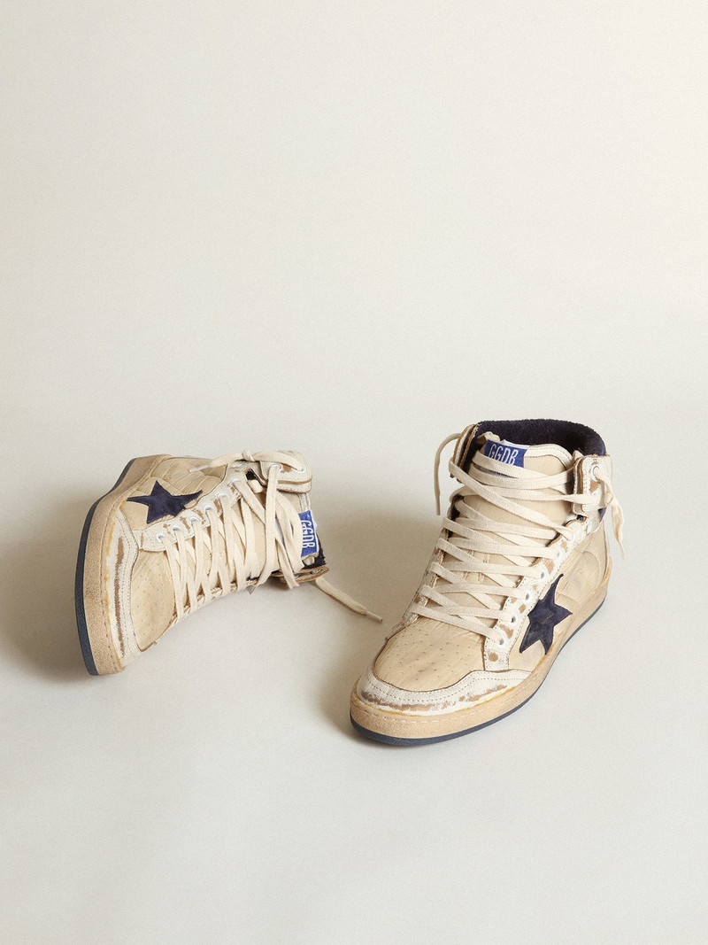 Golden Goose Men's Sky-Star in cream-colored nylon and leather with blue suede star outlook