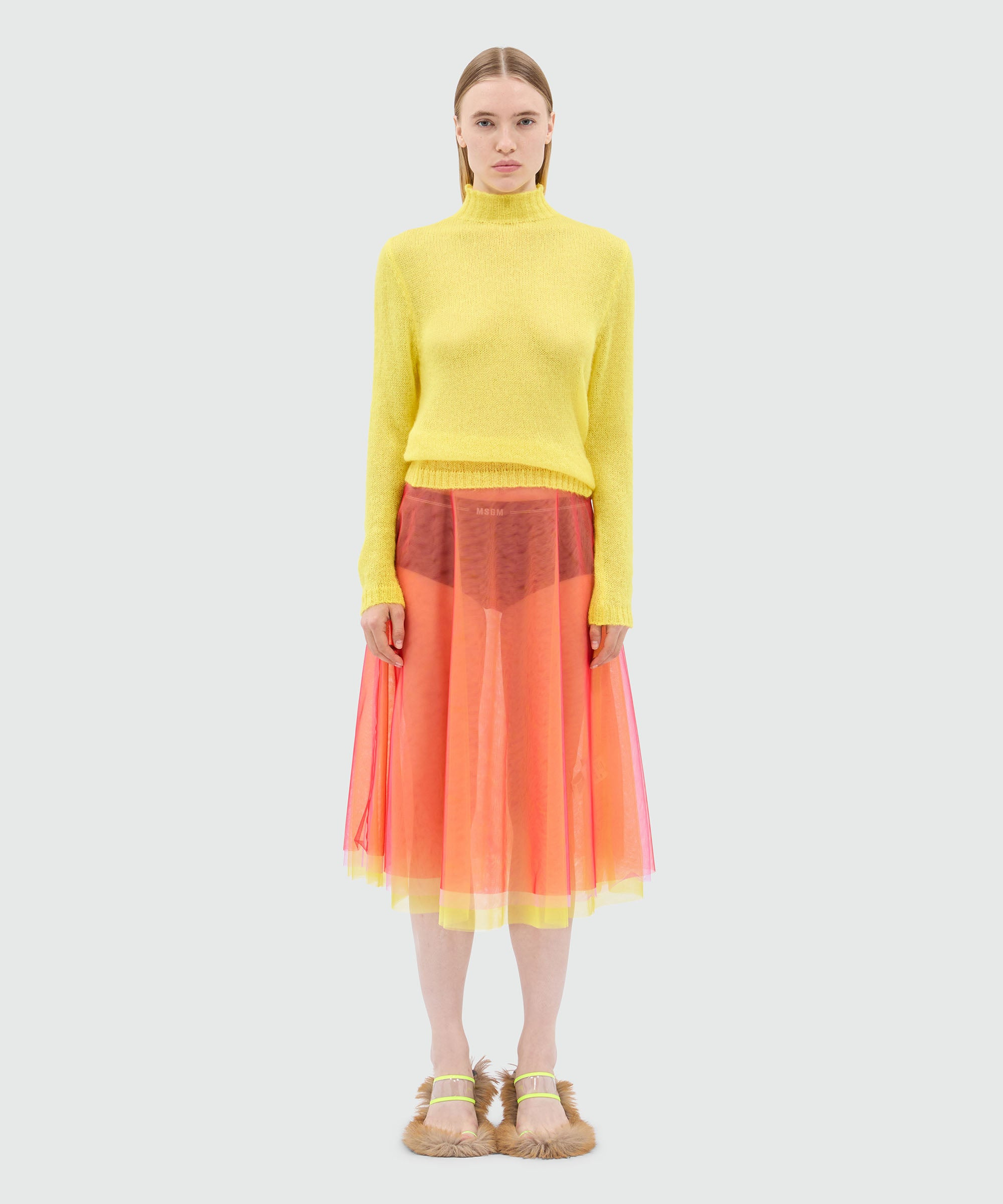 Red midi skirt in light multicolored tulle overlay - 2