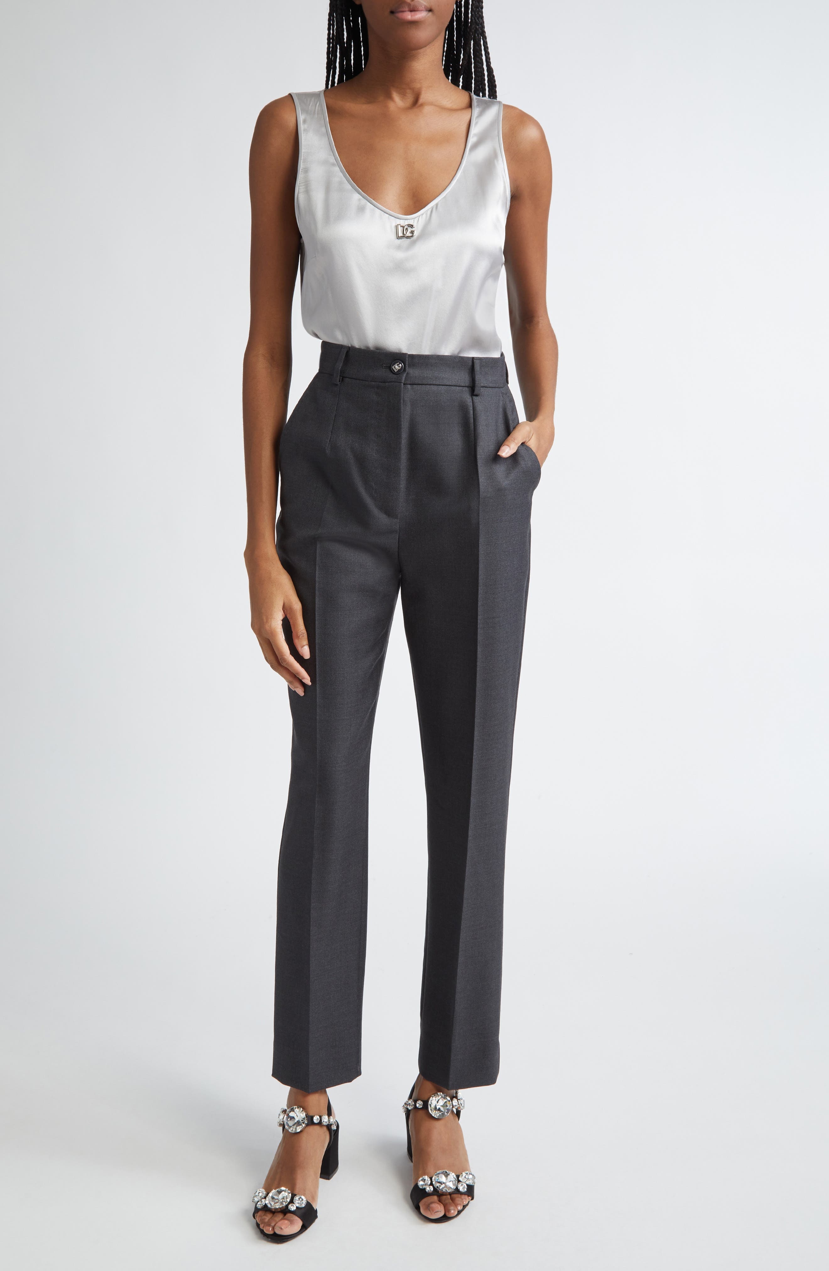 Dolce&Gabbana Logo Scoop Neck Stretch Silk Tank in N4534 Grigio Chiaro at Nordstrom - 2