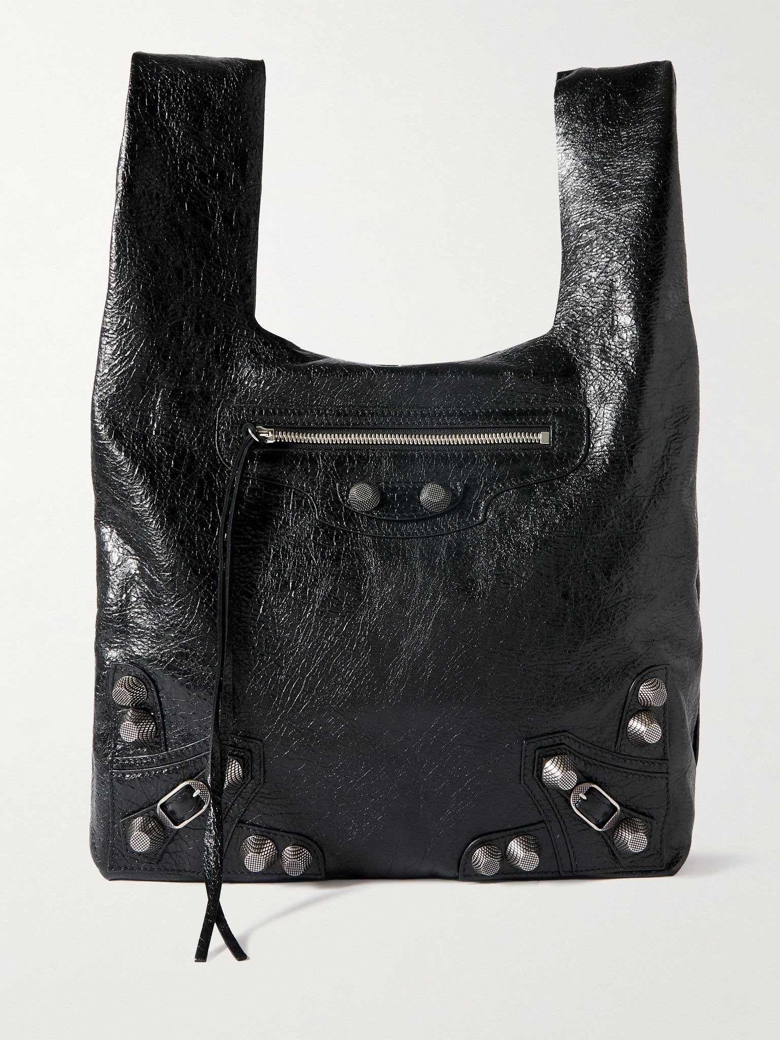 Le Cagole Studded Cracked-Leather Tote Bag Black - 1