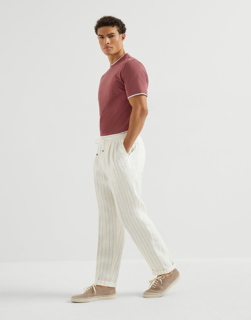 Chalk stripe linen twill trousers with drawstring and double pleats 5