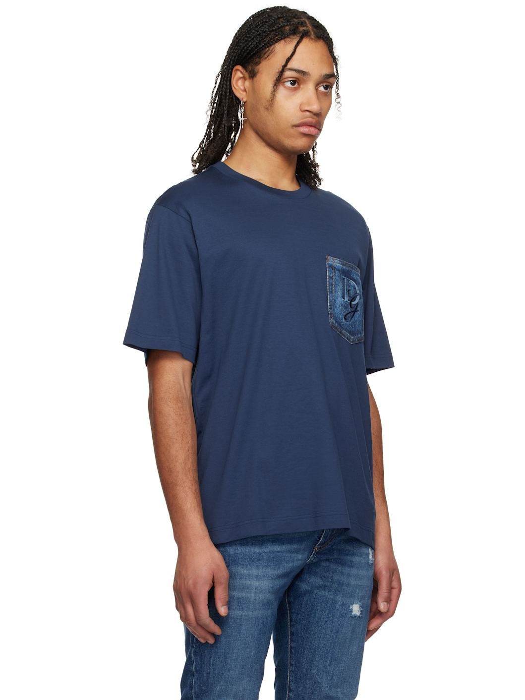 Navy Breast Pocket & Logo Embroidery Cotton T-shirt - 2