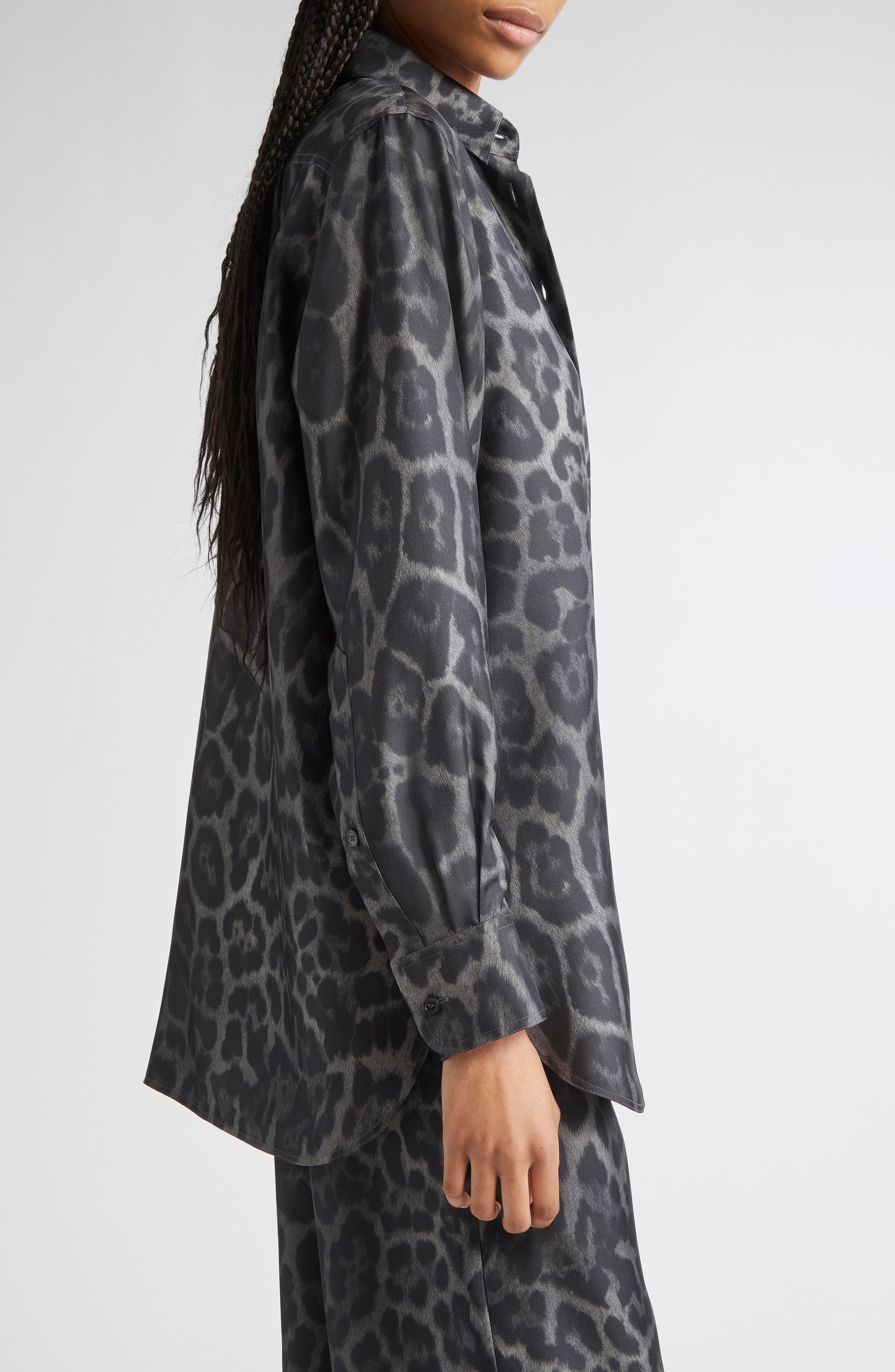 Stella McCartney Leopard Print Silk Button-Up Shirt in Ash Grey at Nordstrom - 4
