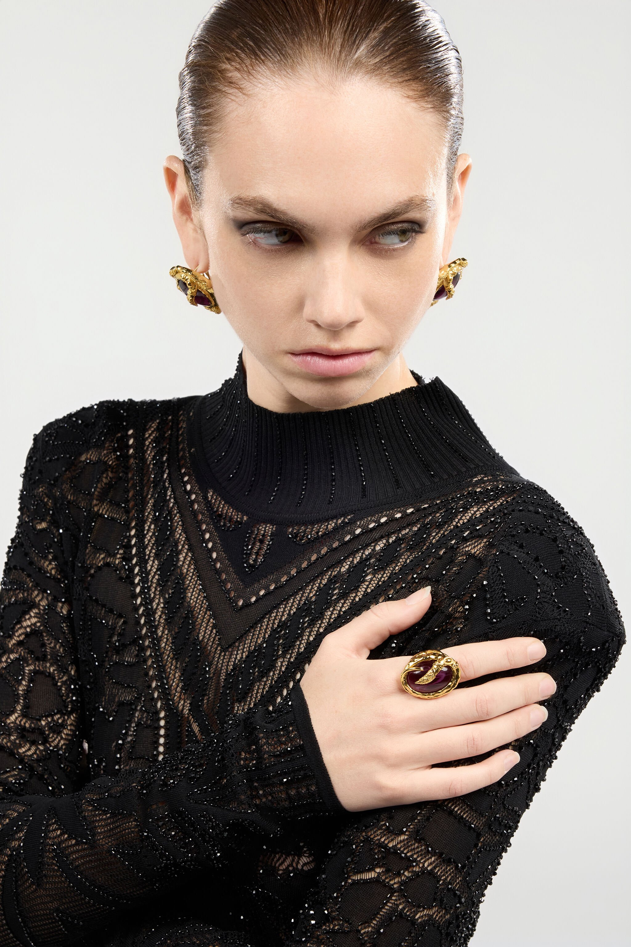 Golden Cocktail Ring With Amethyst Stone - 2