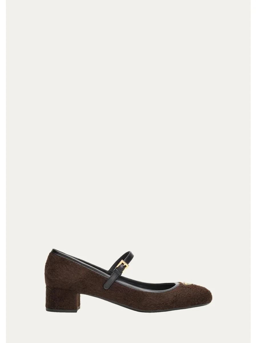 Triangle Logo Wool Mary Jane Ballerina Flats - 1