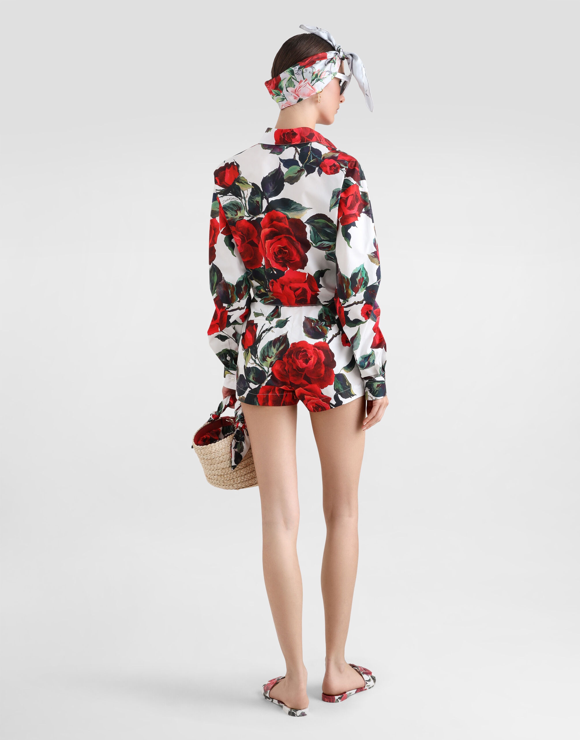 Cropped cotton pussy-bow shirt with rose print - 3