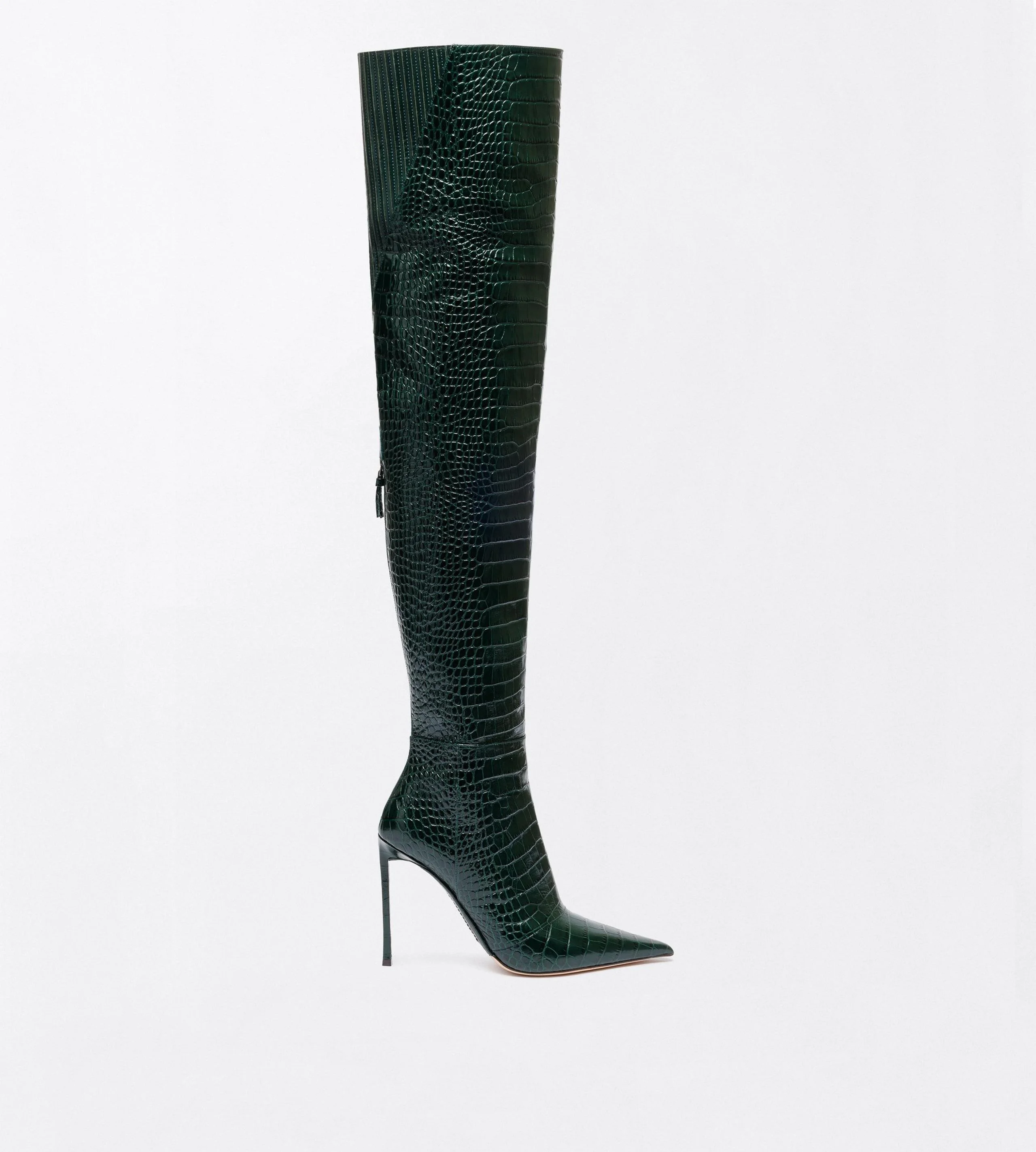 SHINY STAMPED CROCODILE LEATHER VERTIGO THIGH HIGH BOOT - 1
