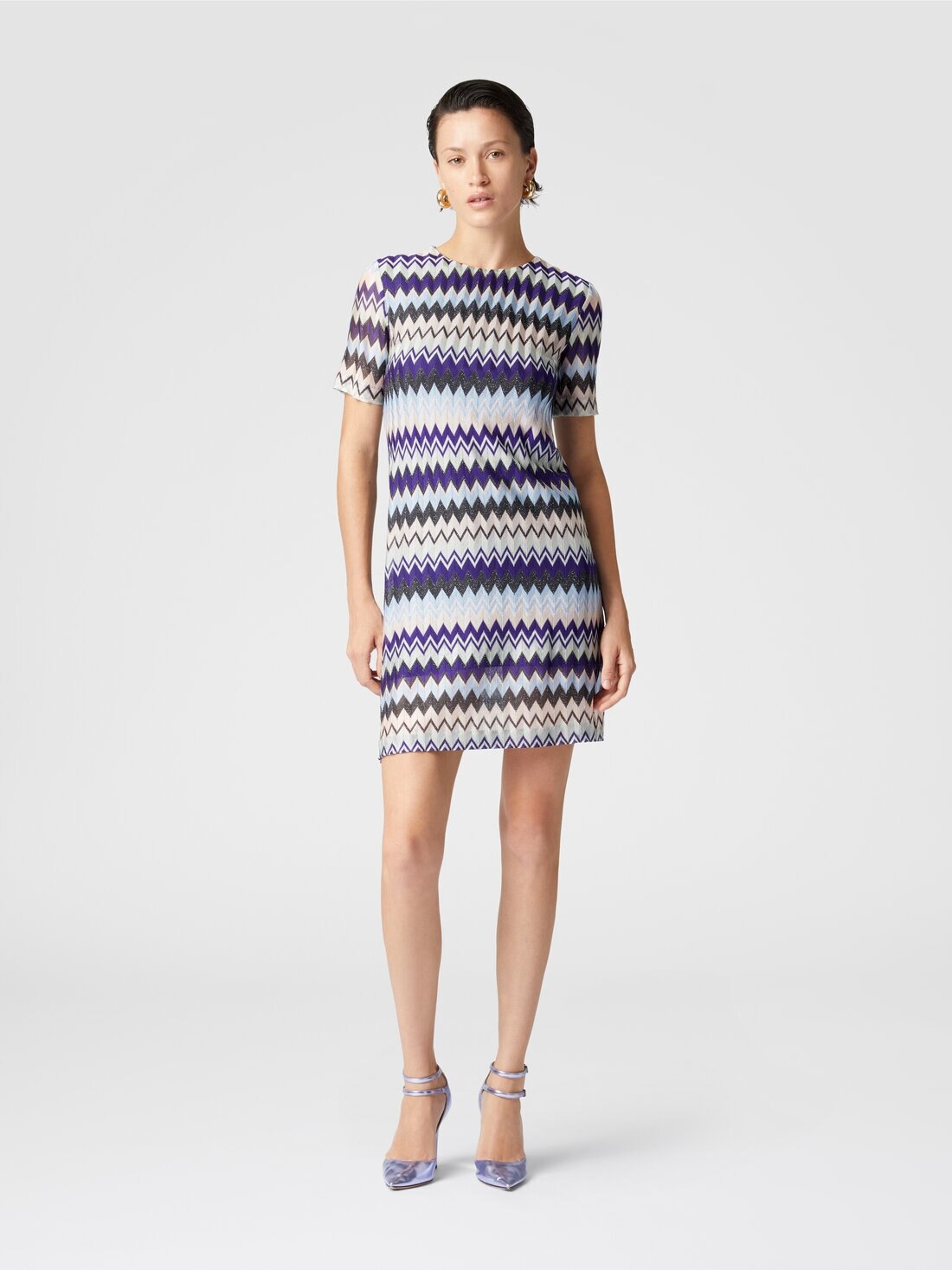 Short-sleeved mini-dress in zig zag lamé viscose - 2