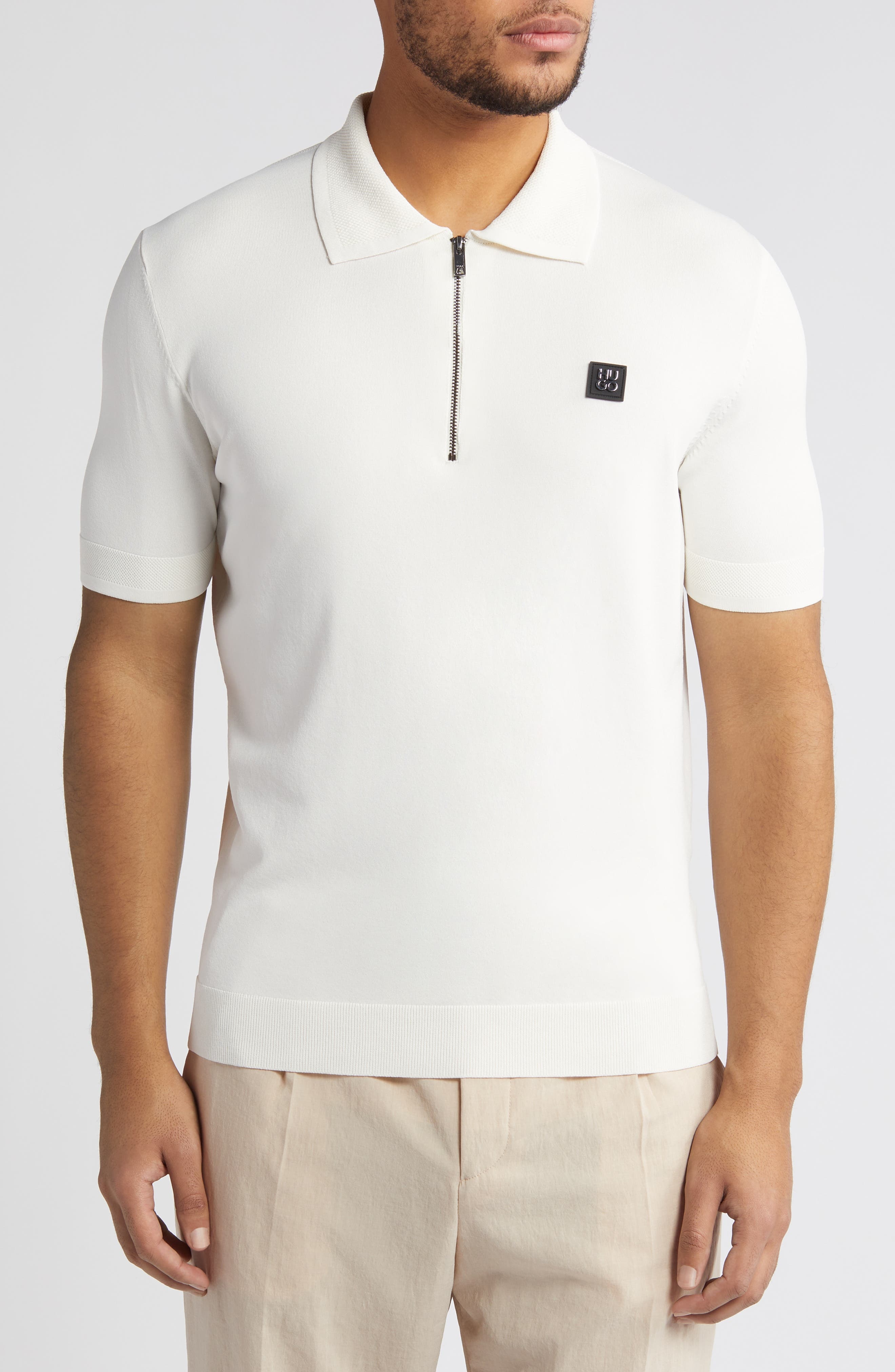 HUGO Sayfong Quarter Zip Sweater Polo in Open White at Nordstrom - 1