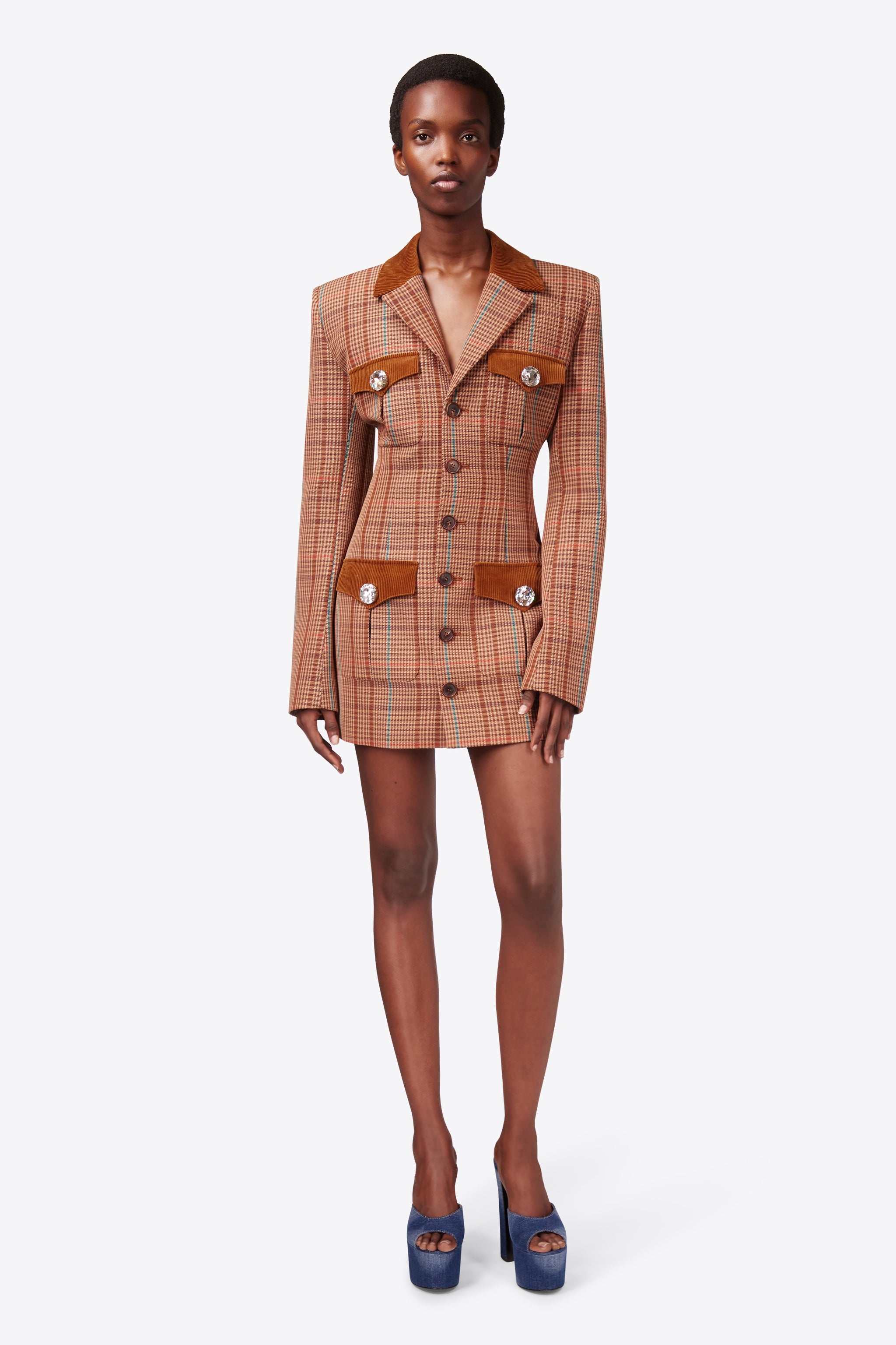 CRYSTAL BUTTON CHECKED OPEN BACK BLAZER DRESS - 4