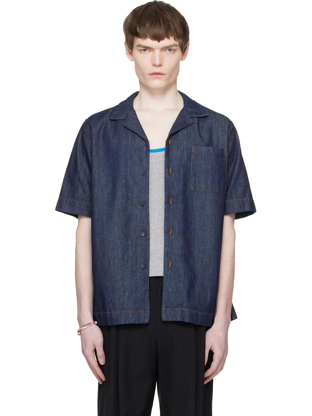 Navy Short-Sleeve Denim Shirt - 1