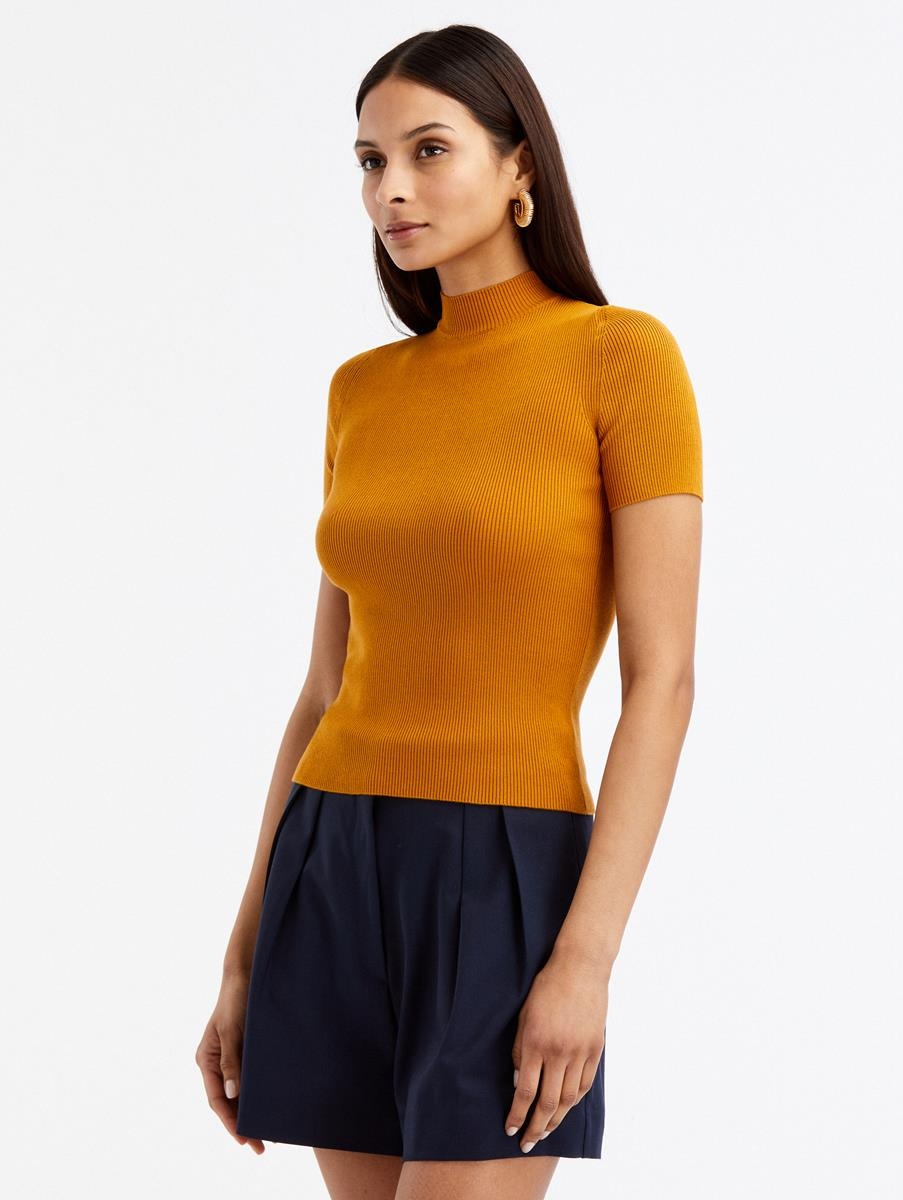 SHORT SLEEVE MOCK NECK RIBBED PULLOVER - 1