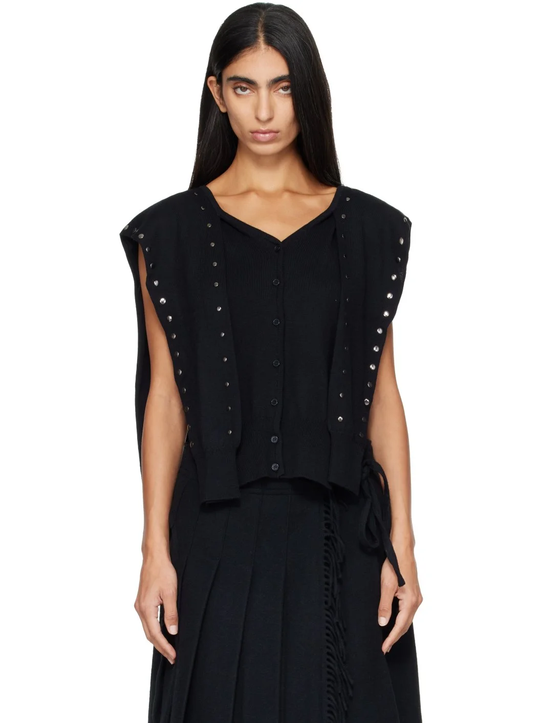 Black Stud Sleeve Layered Cardigan - 1