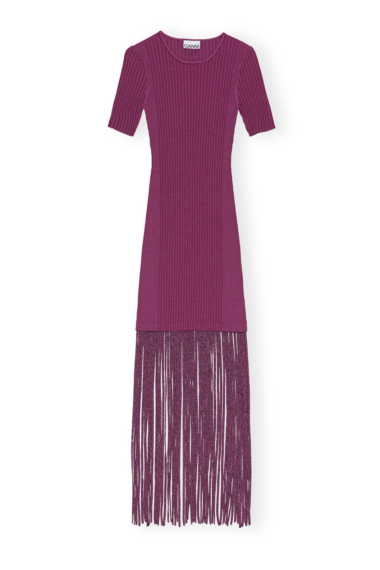 PURPLE MELANGE KNIT FRINGE SHORT SLEEVE MINI DRESS - 6