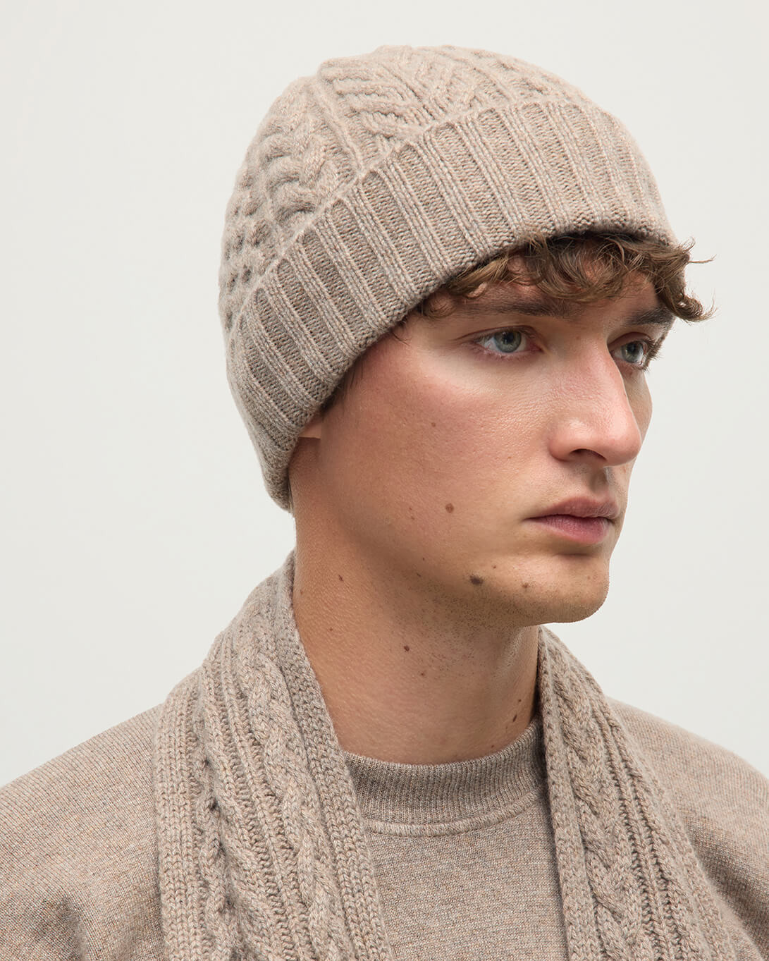 Aran Cable Brown Cashmere Beanie - 2