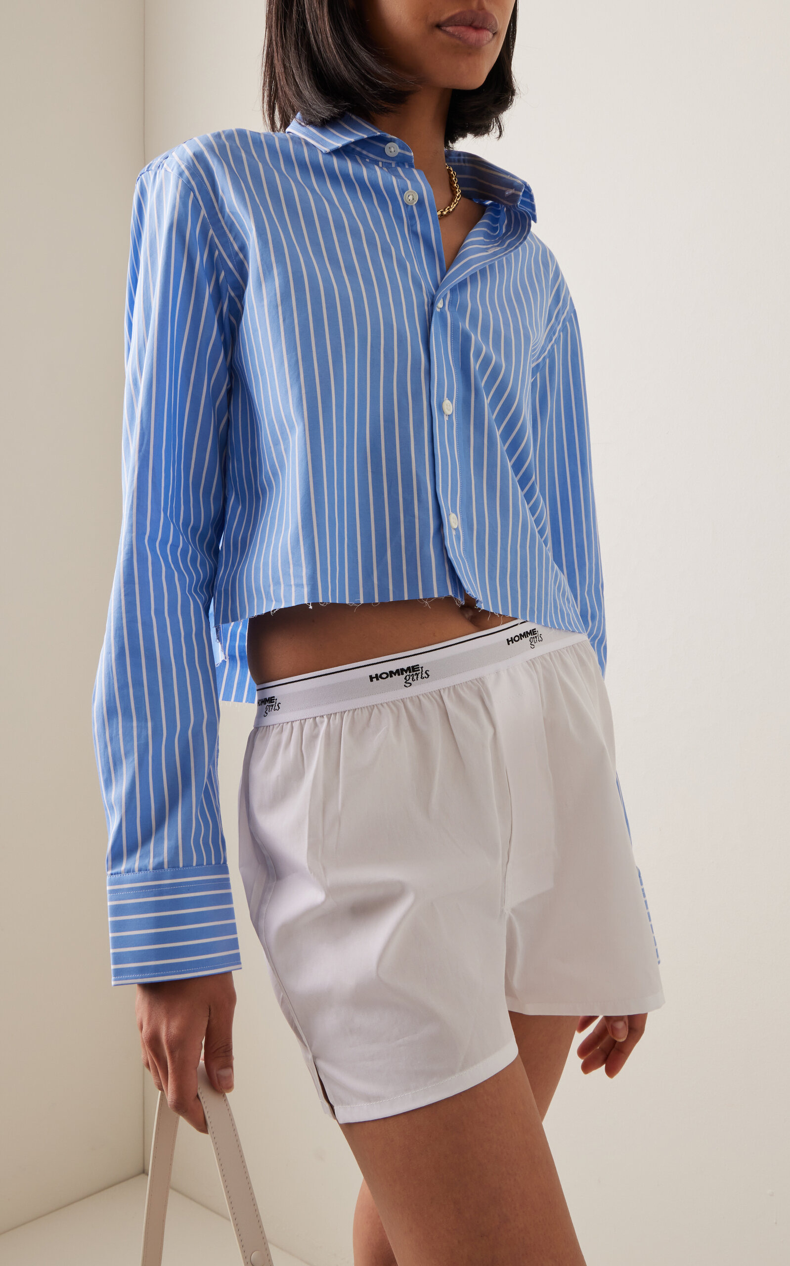 Striped Cotton Cropped Shirt blue - 2