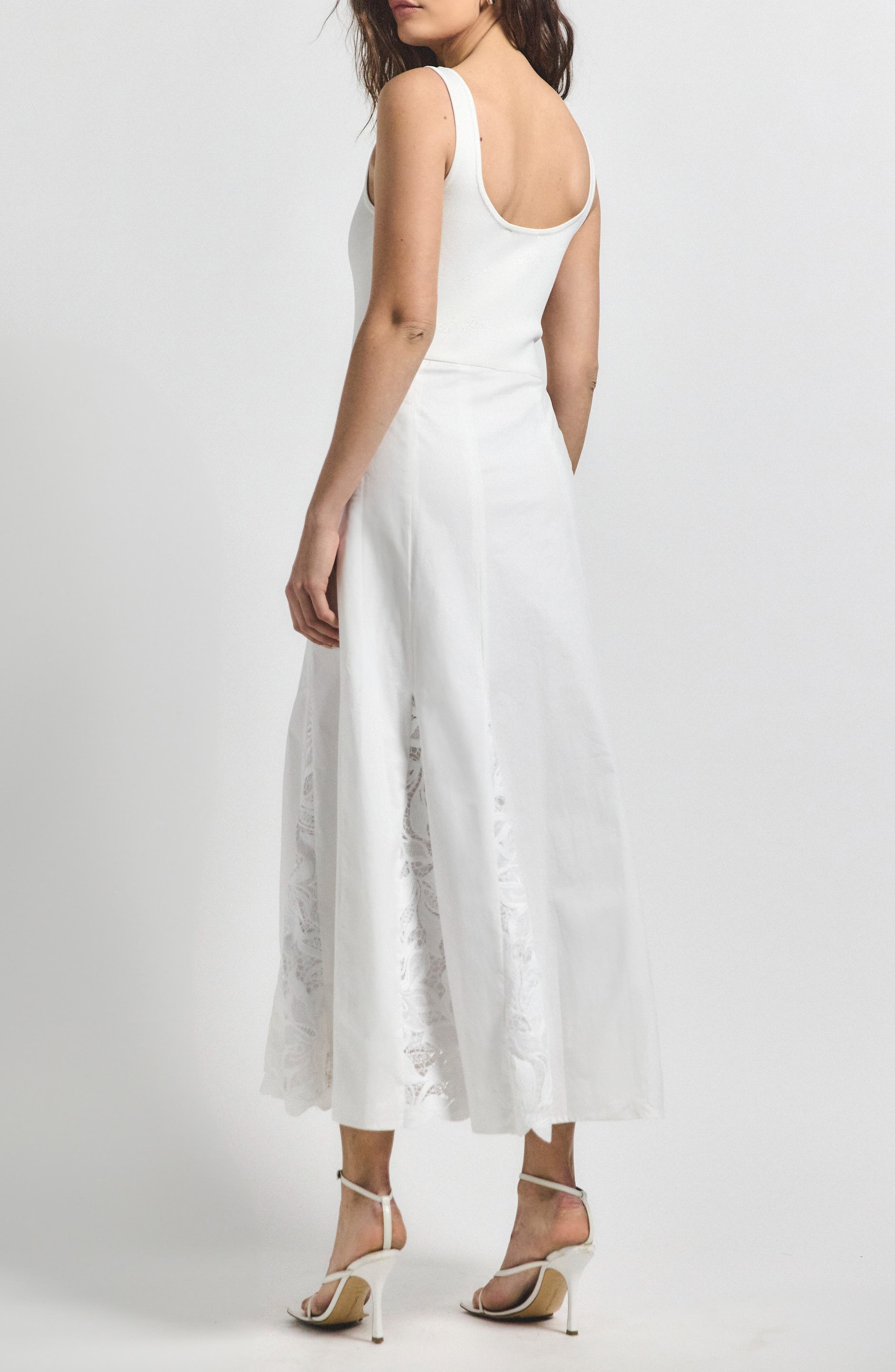 Derek Lam 10 Crosby Maeleyse Mixed Media Lace Detail Godet Pleat Stretch Cotton Midi Dress in Soft W - 2