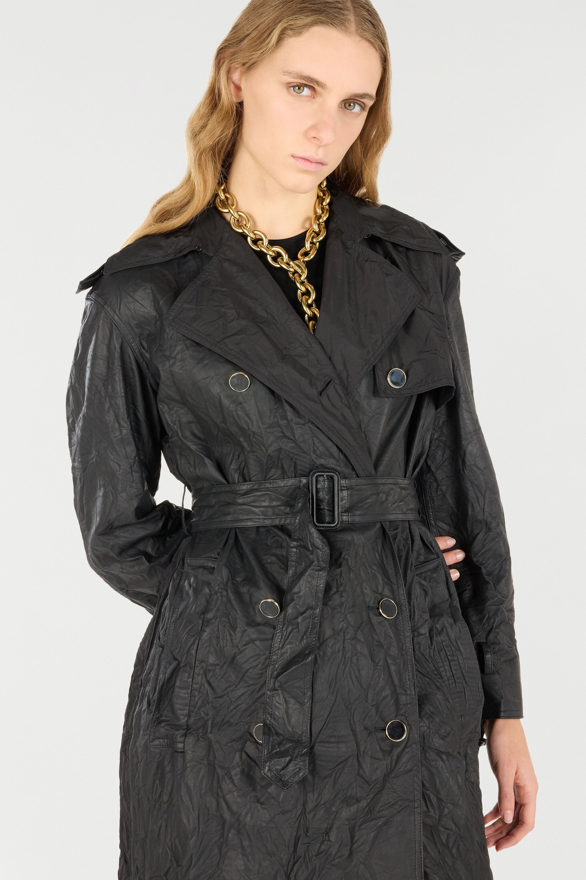 Long Crinkle-Effect Trench Coat - 6