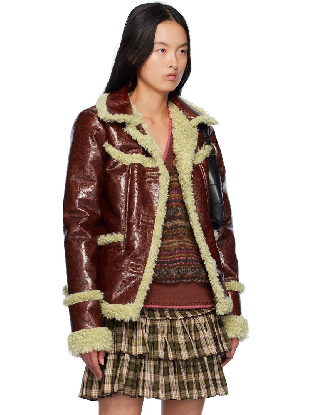 Brown Curly Trim Faux-Leather Jacket - 2