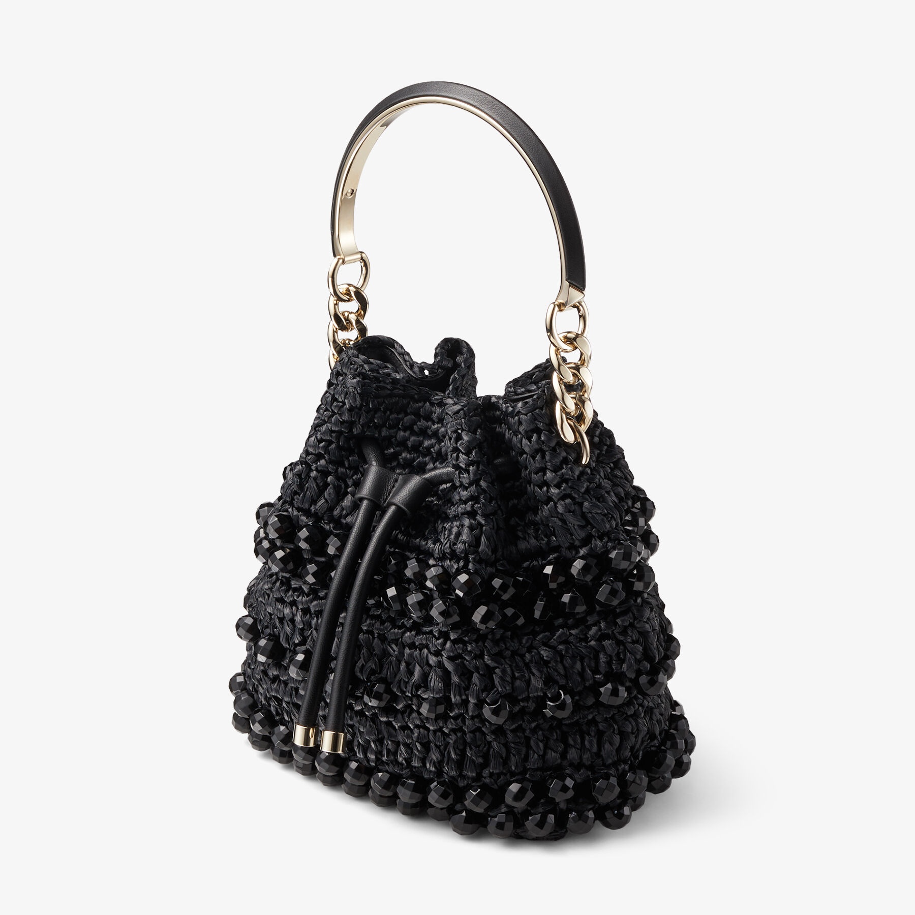 Bon Bon Bucket S
Black Beaded Raffia and Smooth Leather Tote Bag - 5