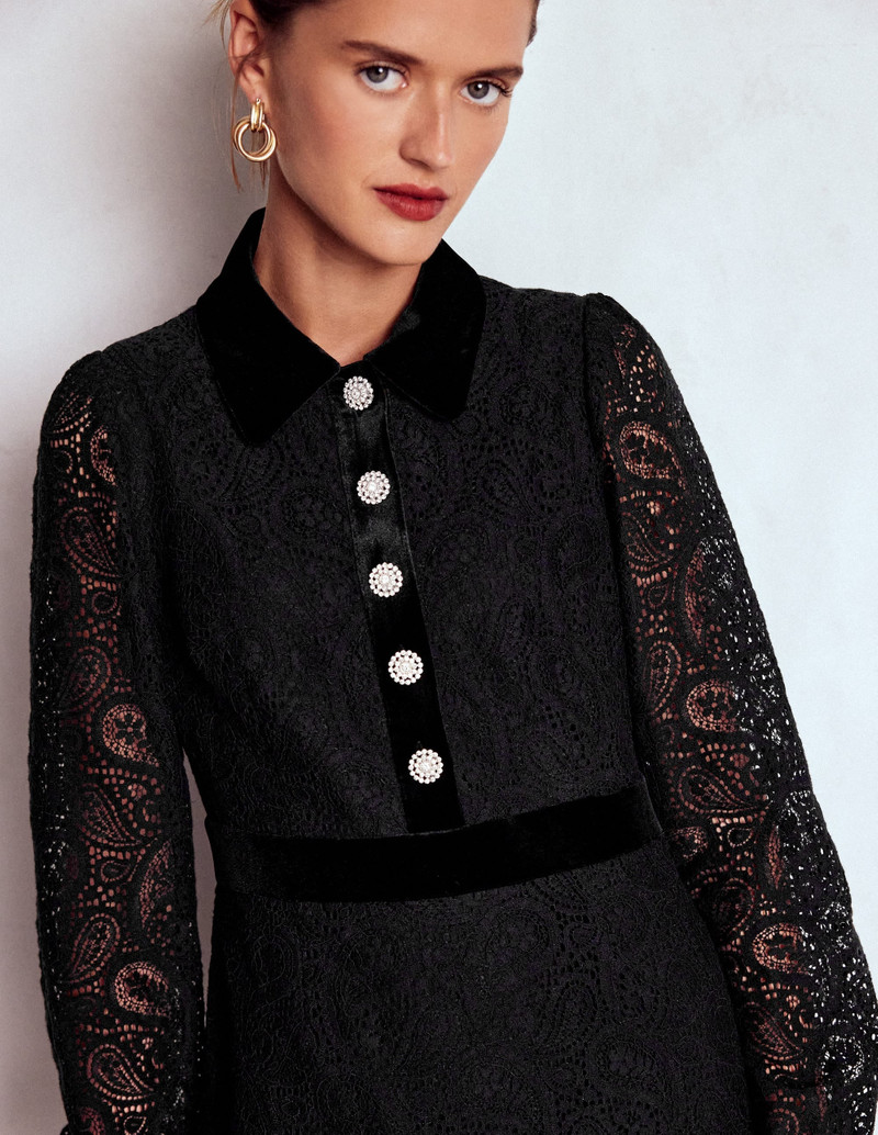 Collar Button Lace Dress-Black 3
