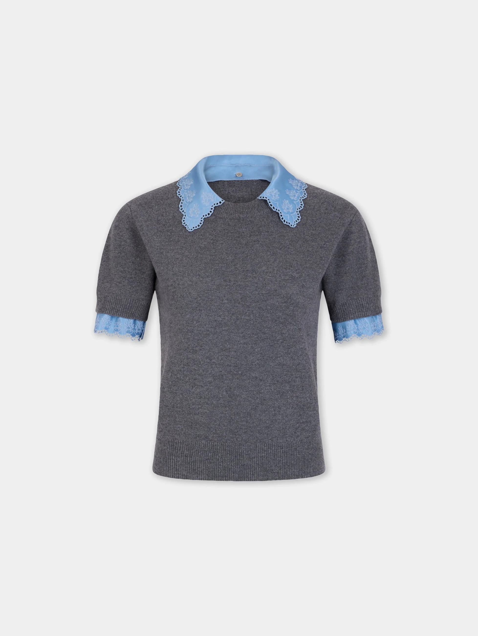 GREY WOOL AND CASHMERE SHORT-SLEEVE SWEATER - 1