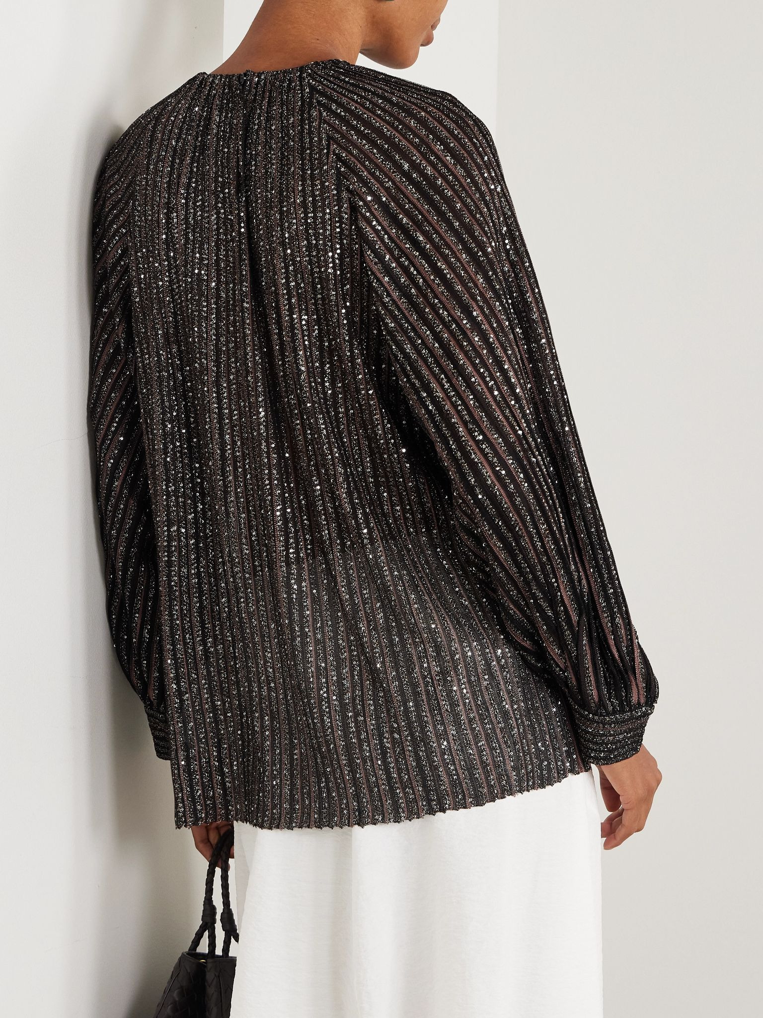 Sequin-embellished striped metallic crochet-knit blouse Black - 4