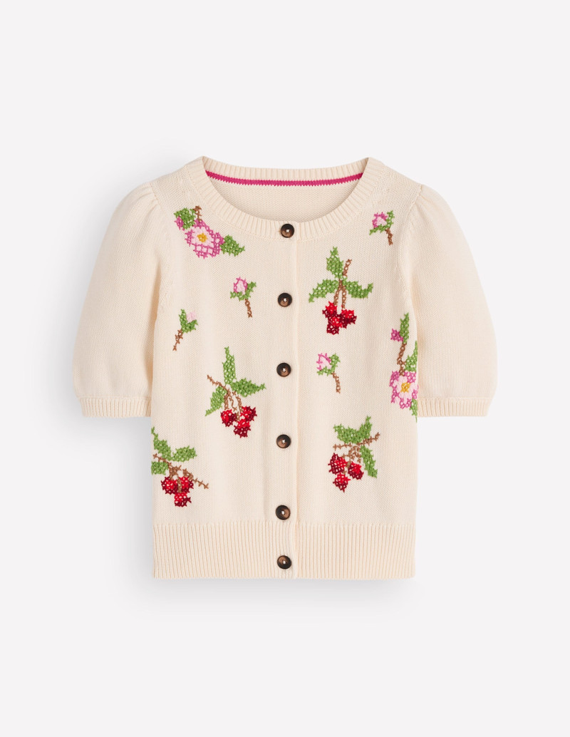 Puff Sleeve Cotton Cardigan-Warm Ivory, Embroidered - 1