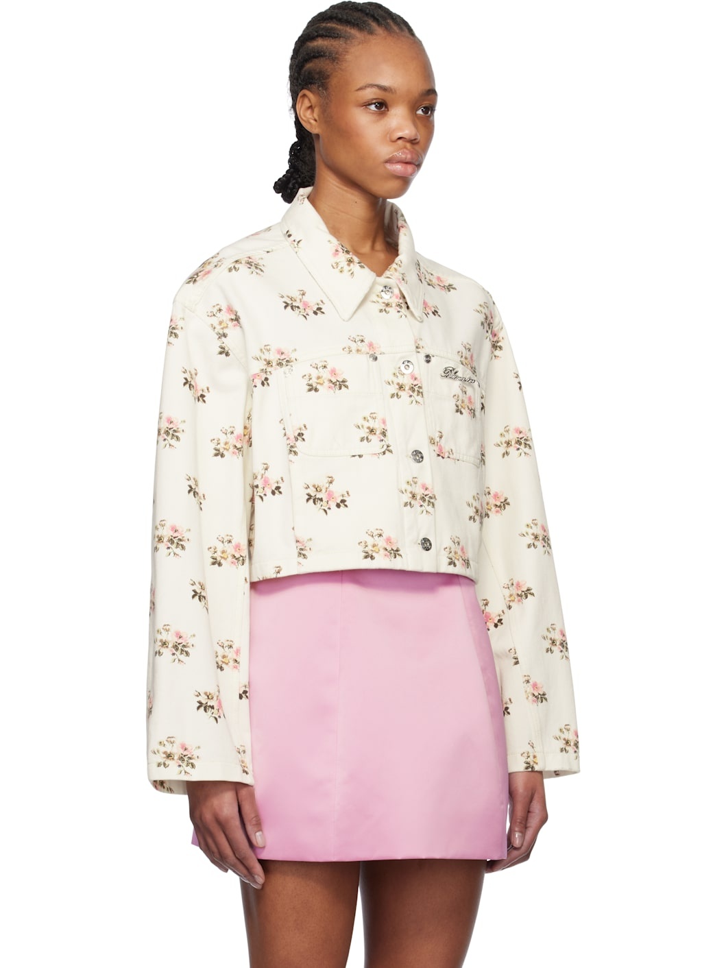White & Pink Floral Print Rhinestone Pin Denim Jacket - 2