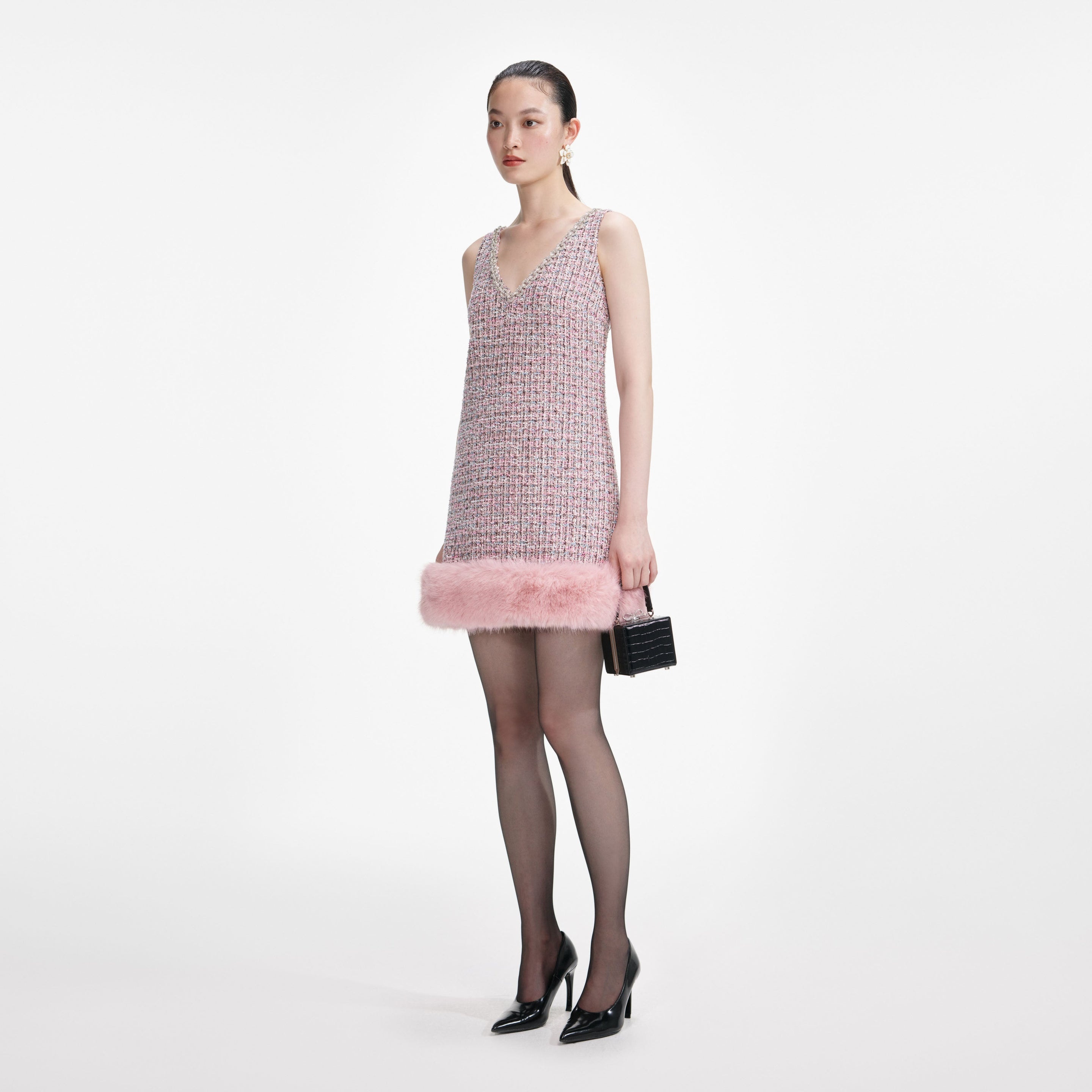 Pink Boucle Fur Hem Mini Dress - 2