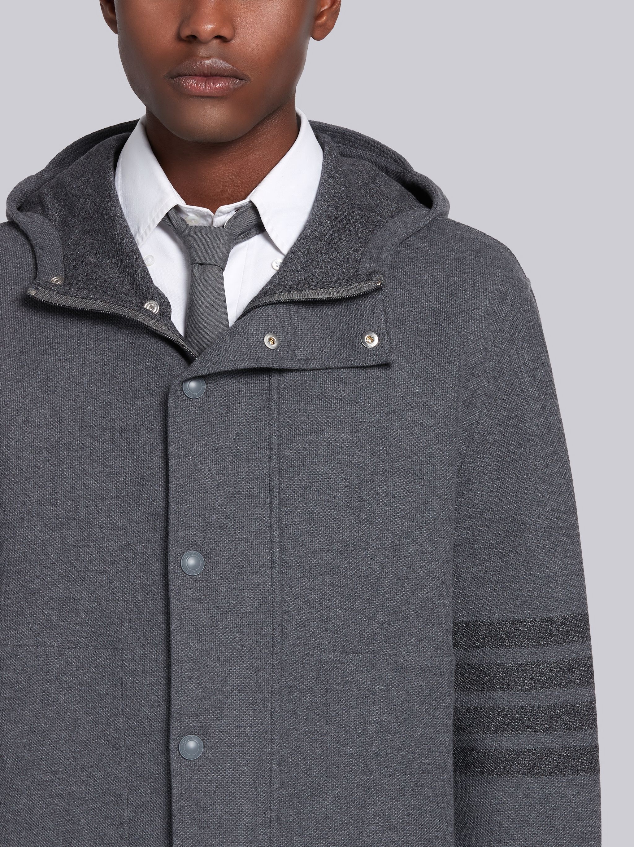 Medium Grey Double Face Cotton Twill Hooded Tonal 4-Bar Jacket - 5