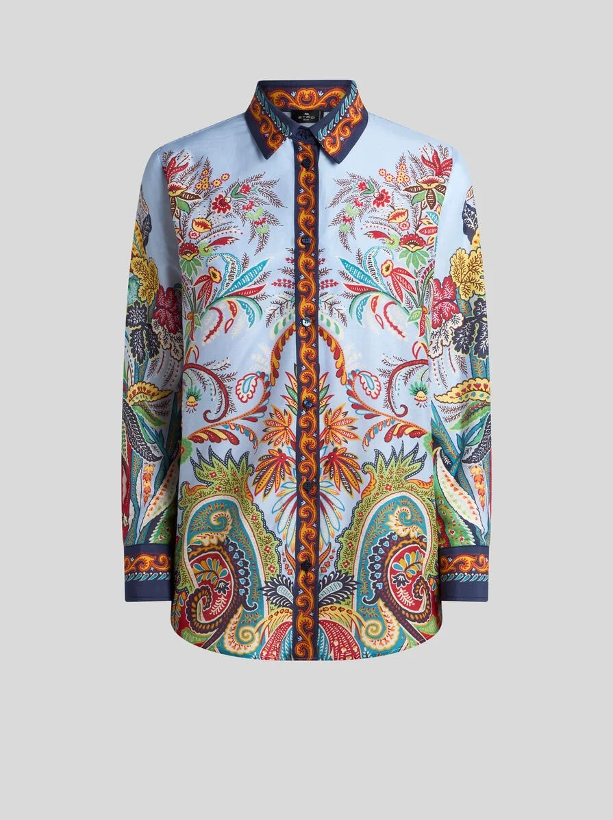 COTTON AND SILK SHIRT WITH PLACED PAISLEY FOLIAGE PRINT - 1