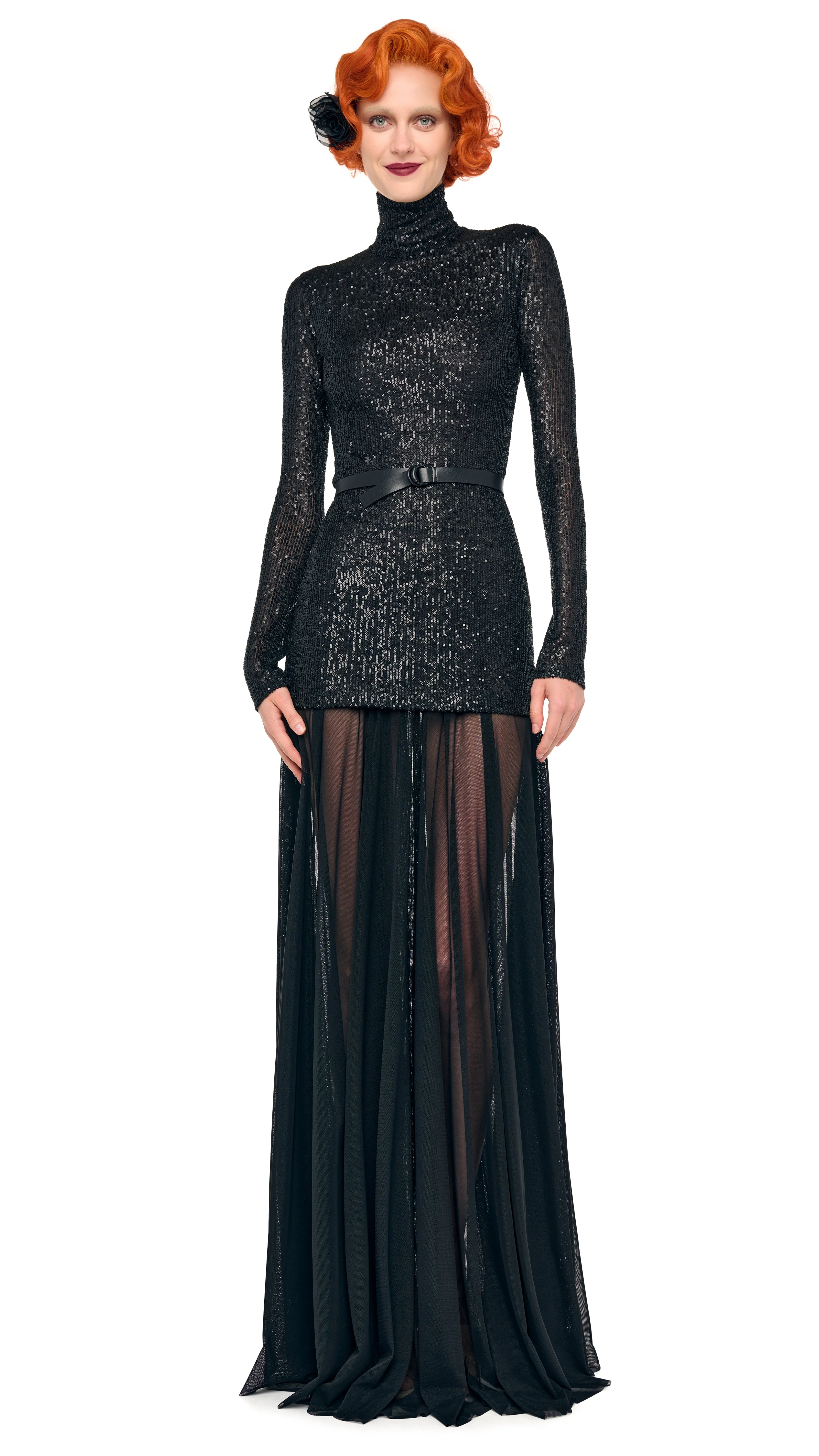 LS TURTLENECK COMBO FLARED GOWN - 1
