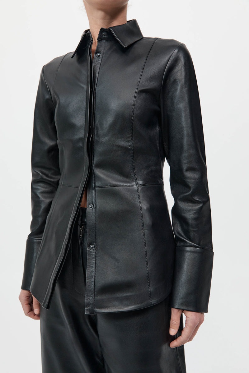 Leather Panelled Shirt - Black - 4