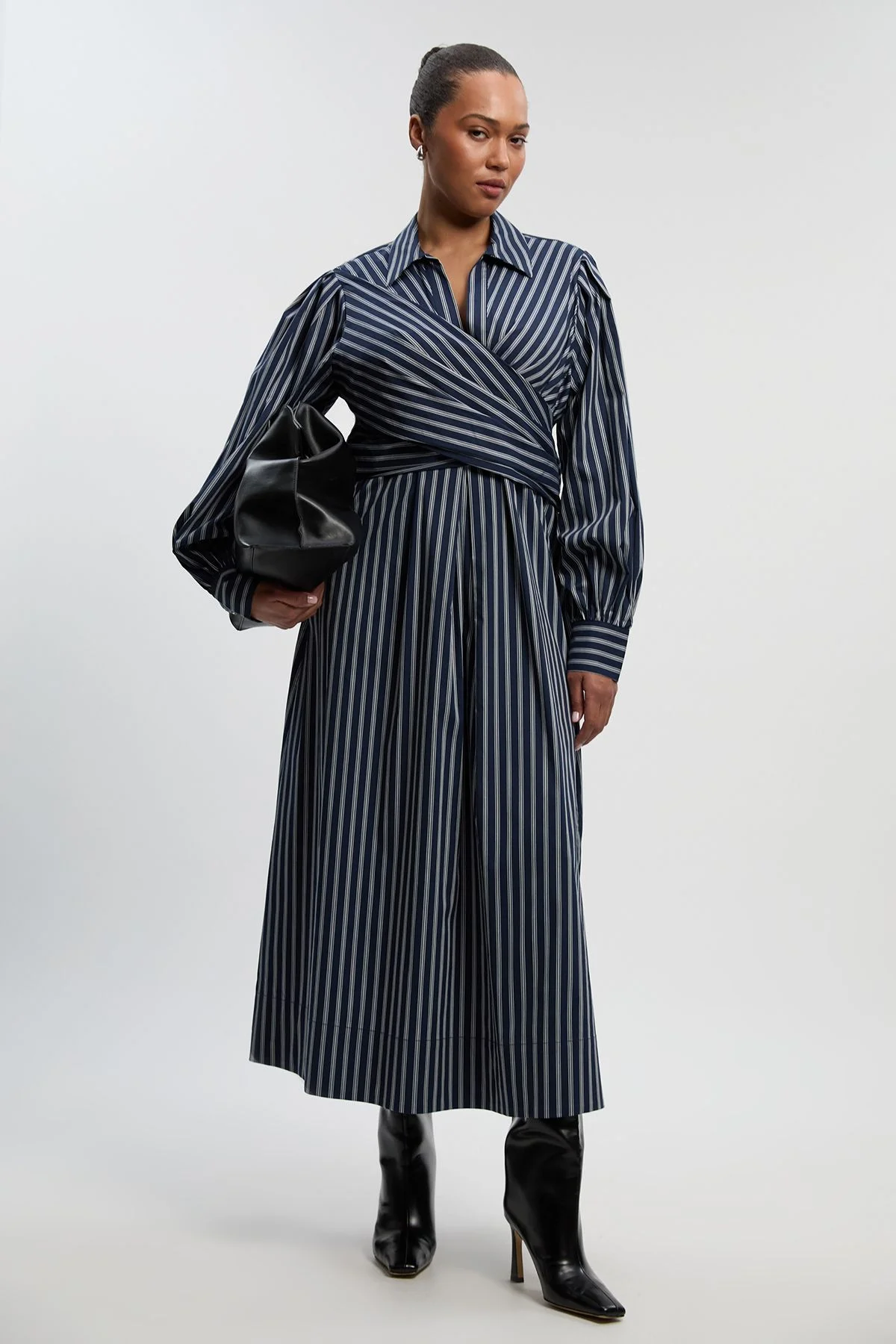 Plus Size Stripe Cotton Poplin Drama Sleeve Woven Wrap Detail Shirt Dress - 1