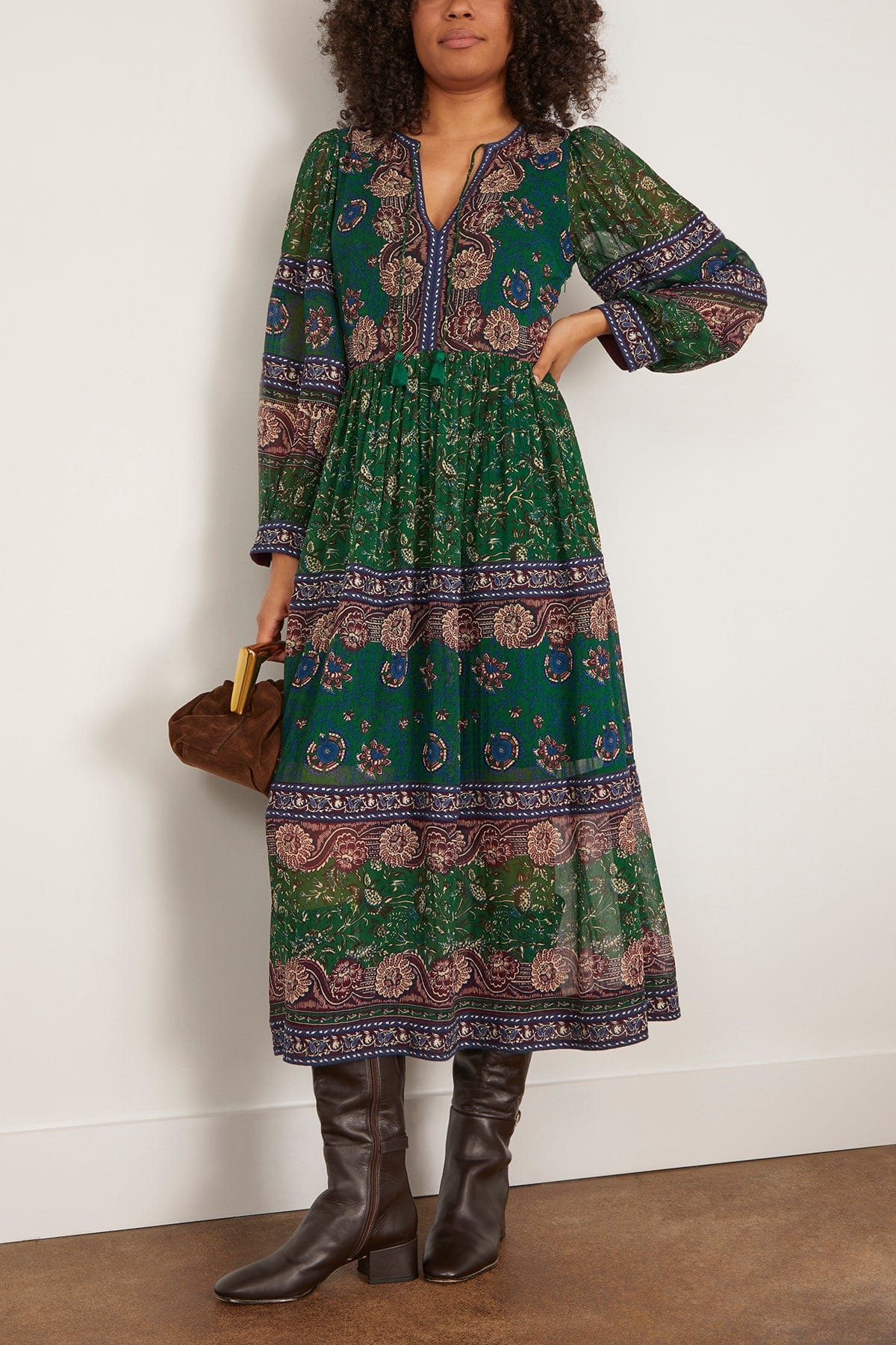 Melba Print Long Sleeve Midi Dress in Green - 2