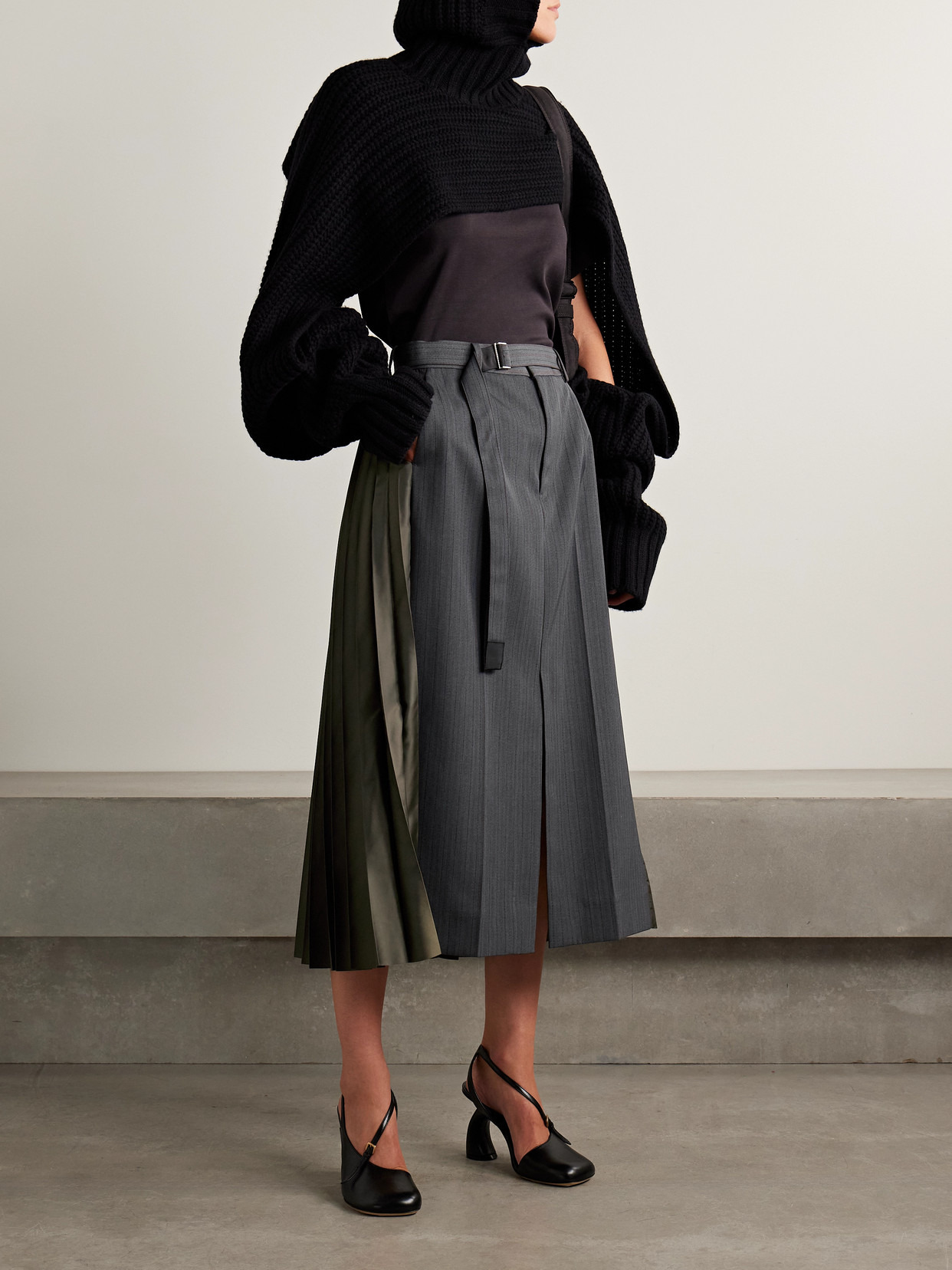 Belted Paneled Striped Woven And Pleated Satin-twill Midi Skirt - 2