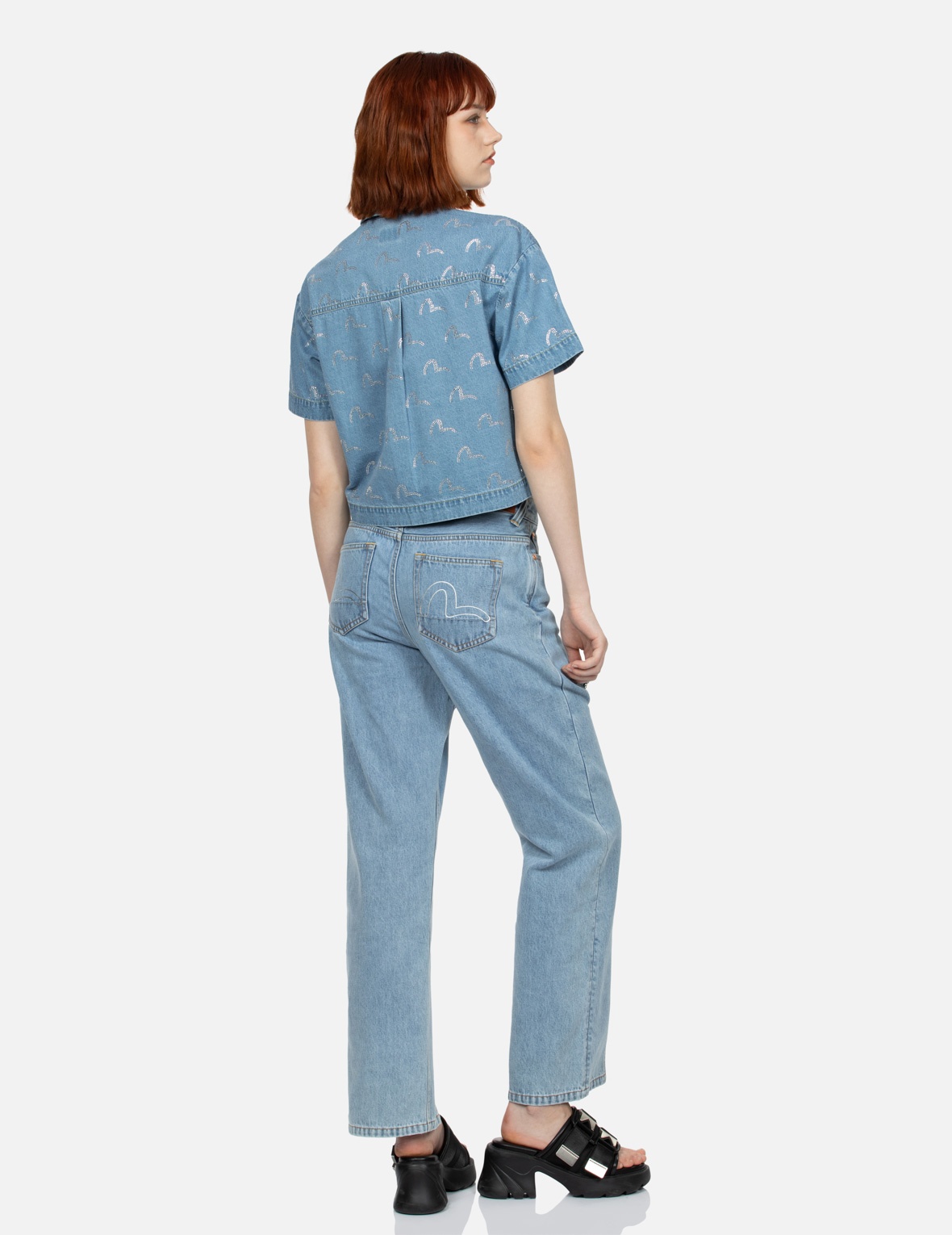 RHINESTONE SEAGULL ALLOVER FASHION FIT DENIM SHIRT - 4