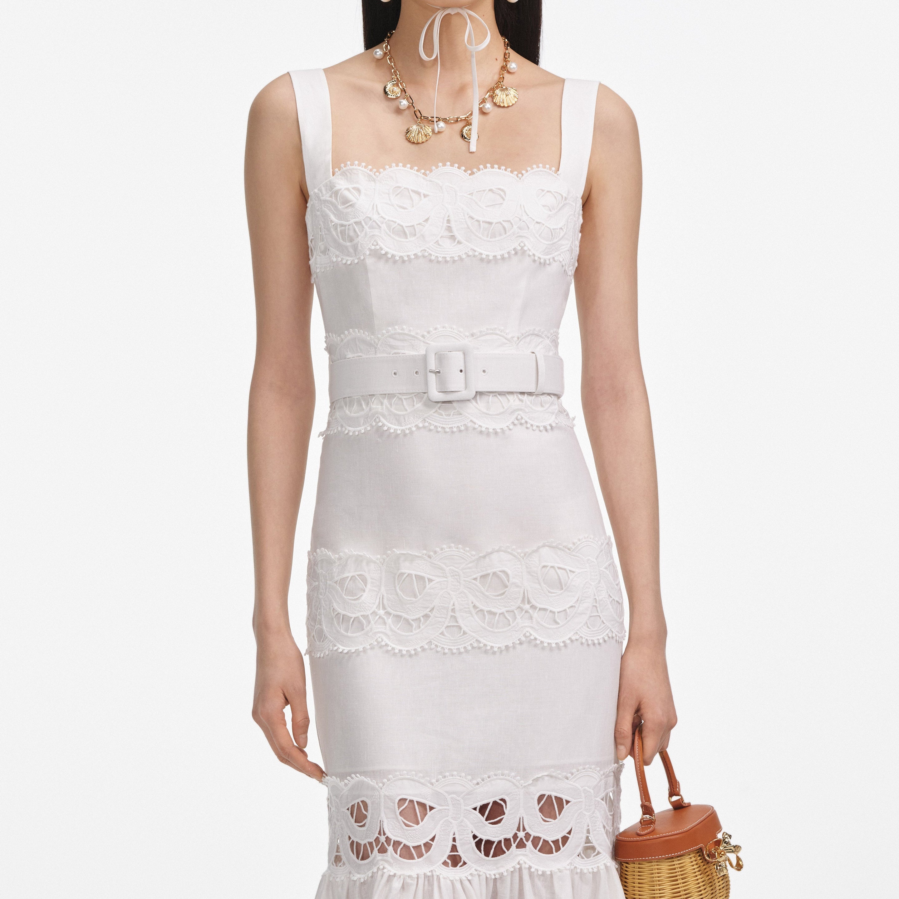White Linen Lace Insert Midi Dress - 4