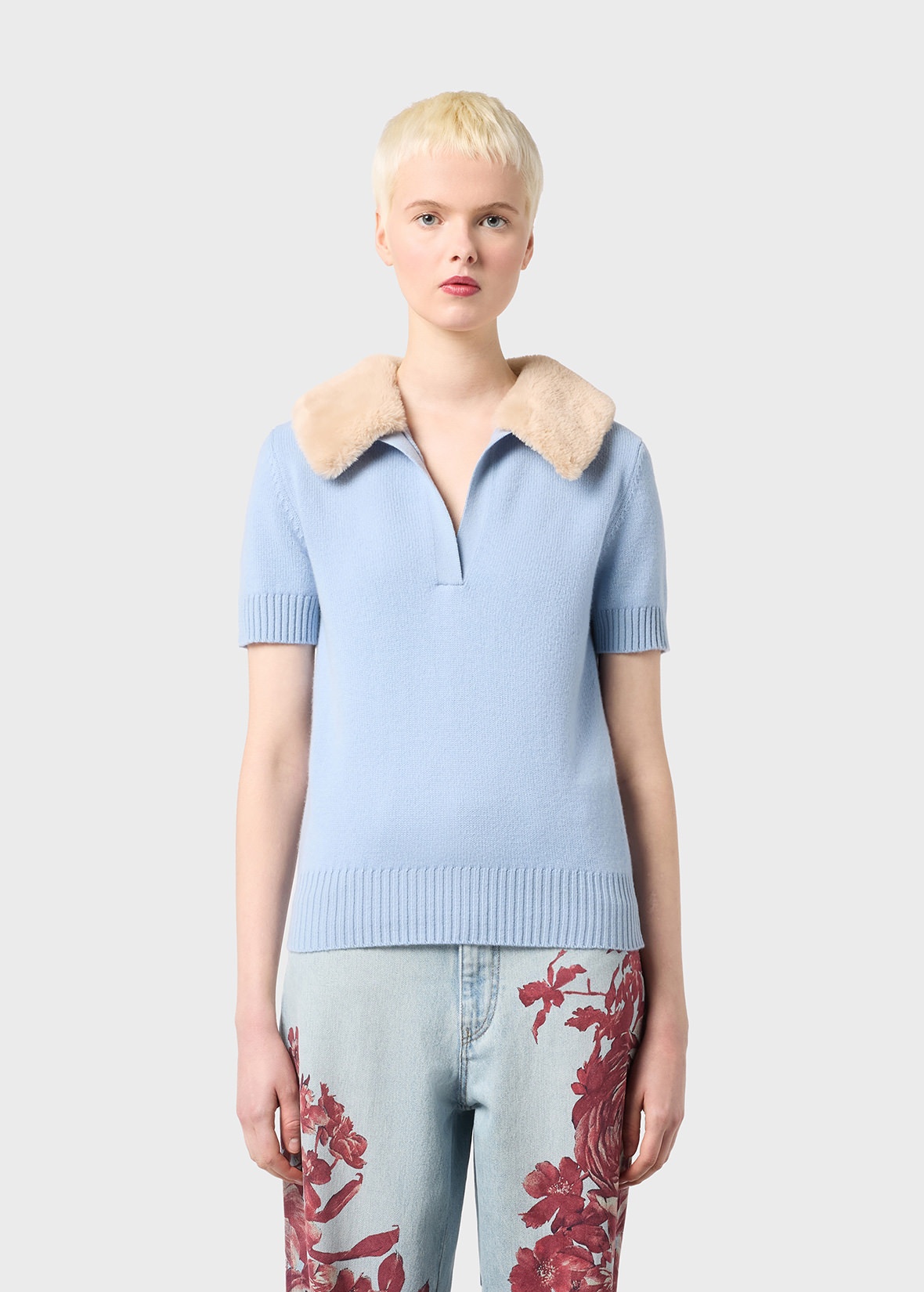 KNITTED POLO SHIRT WITH FAUX FUR COLLAR - 3