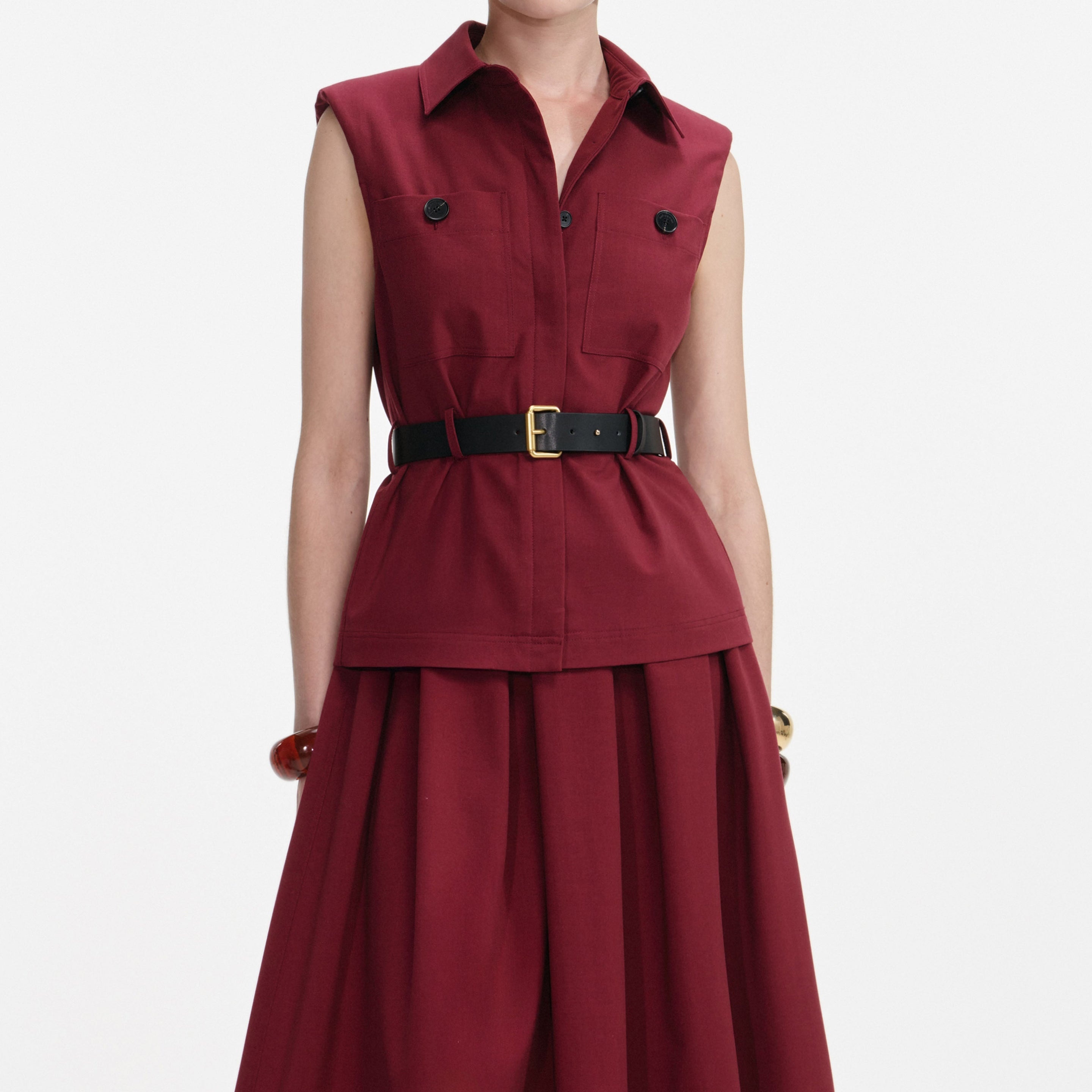 Burgundy Twill Belted Midi Dress - 4