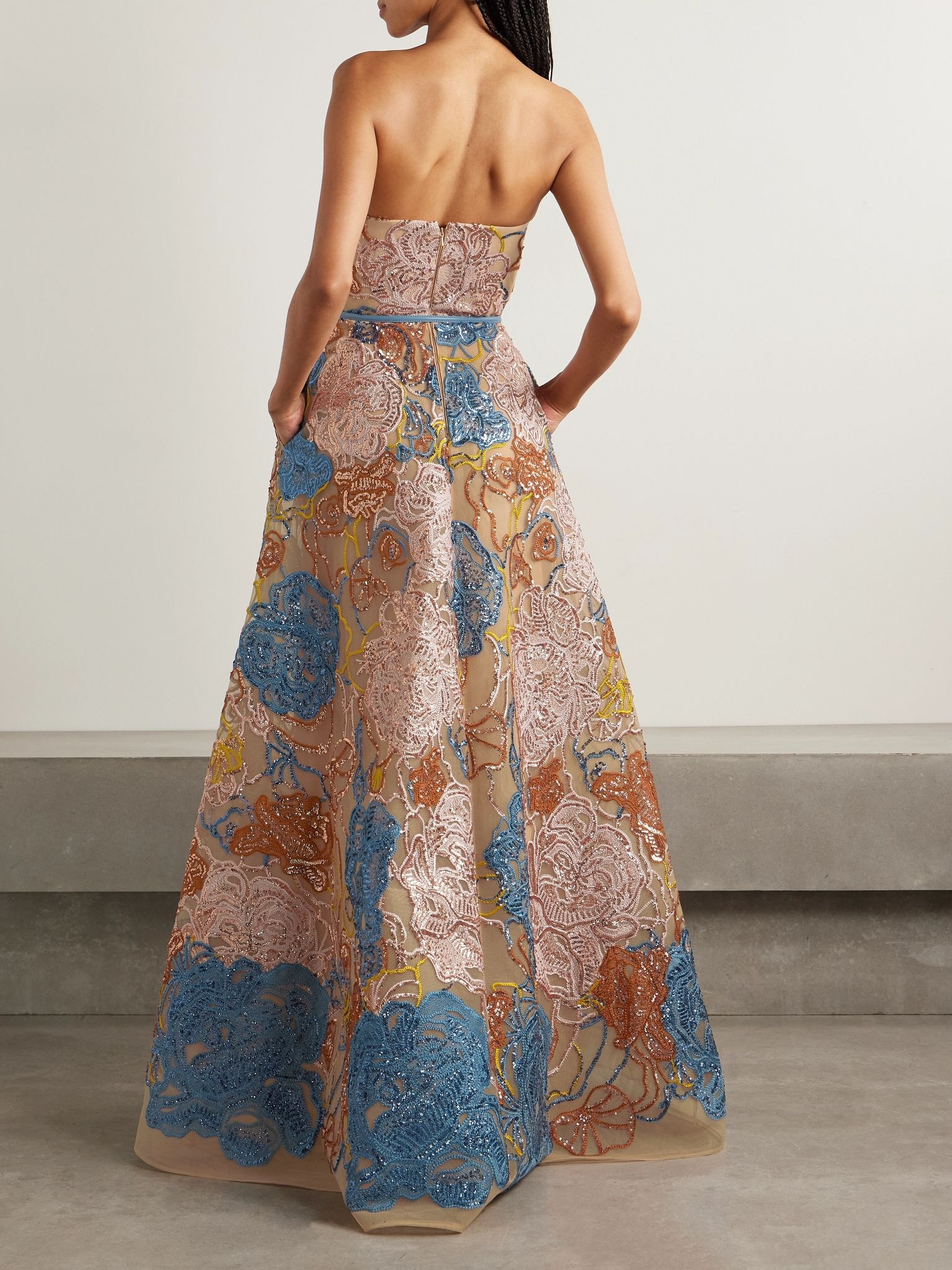 Strapless belted sequin-embellished embroidered tulle gown Beige - 3