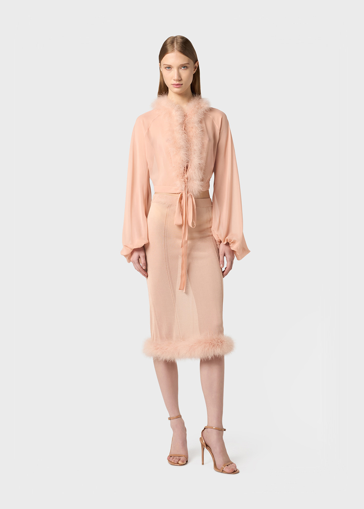 GEORGETTE SHIRT WITH FEATHER-TRIMMED NECKLINE - 2