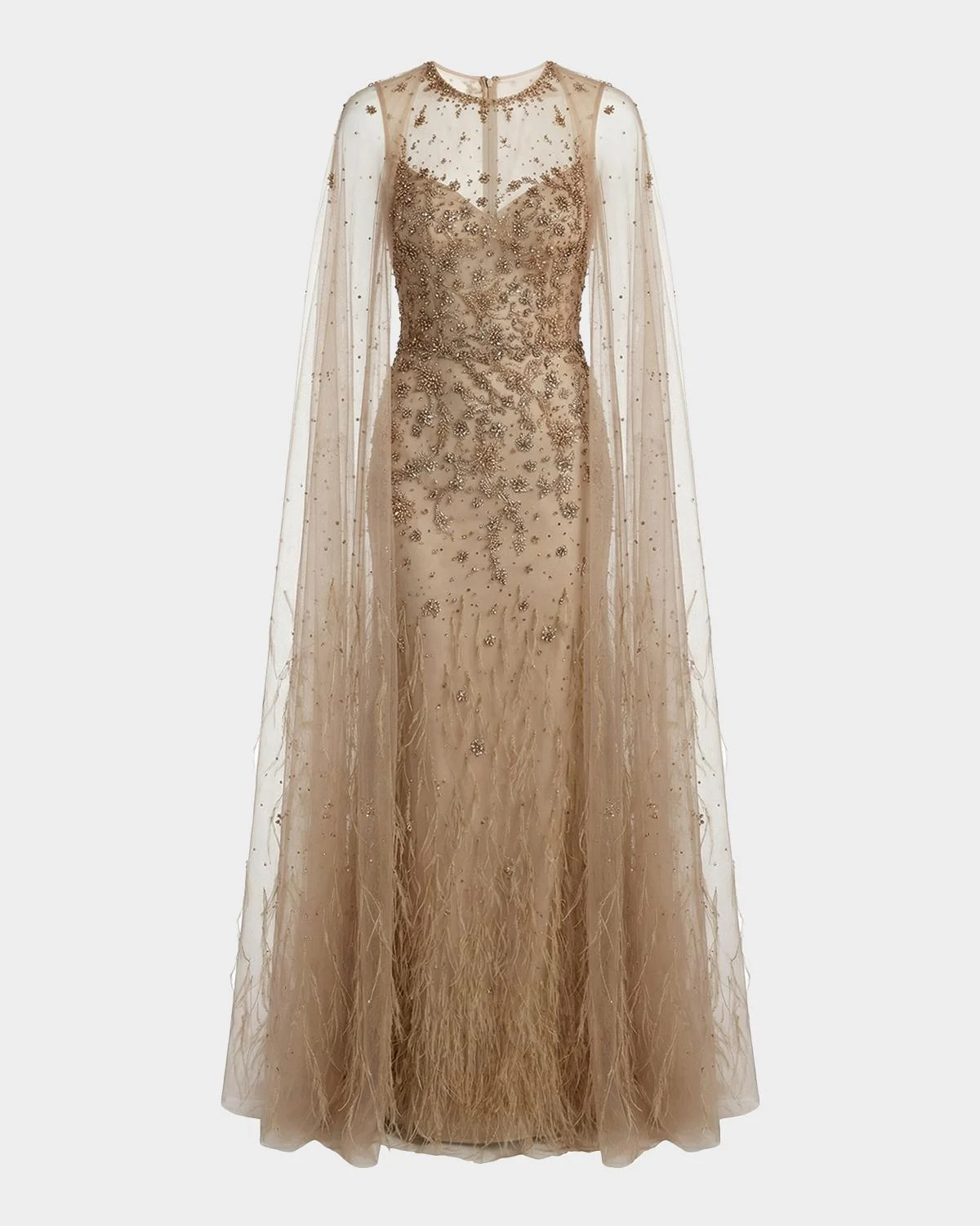 Crystal-Embellished Feather Cape Column Gown - 1