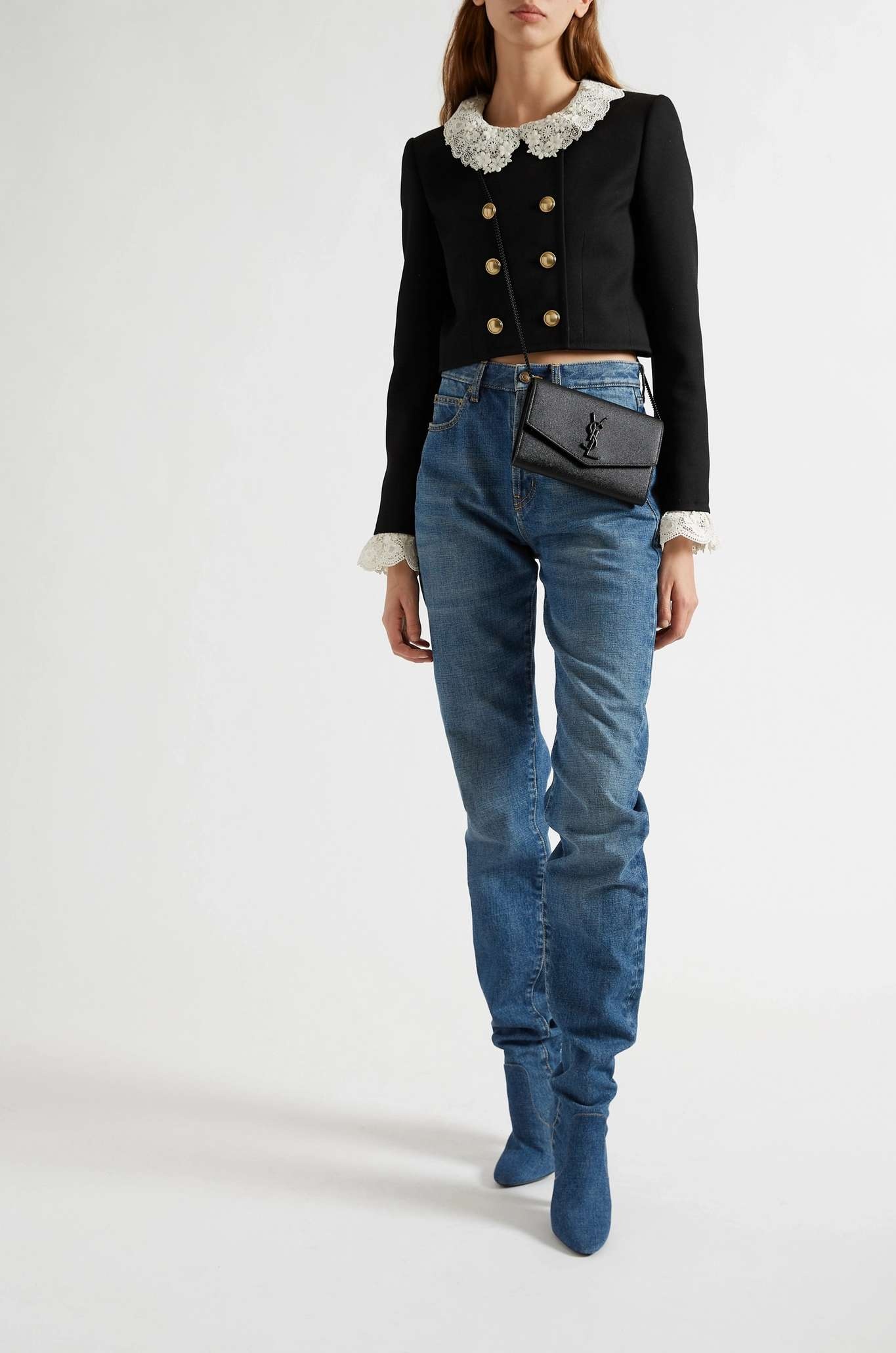 Cropped double-breasted lace-trimmed wool-drill jacket - 3