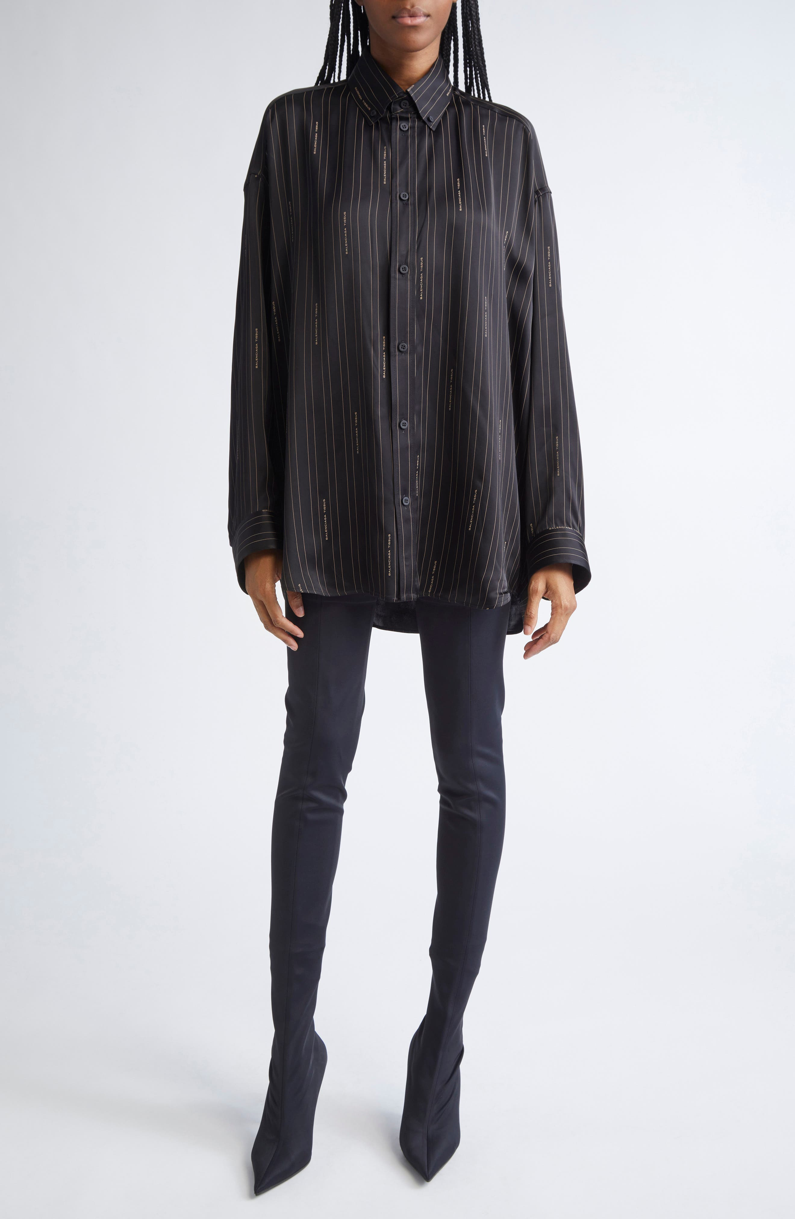 Balenciaga Logo Stripe Cocoon Button-Down Shirt in 1264 Black/Camel at Nordstrom - 2