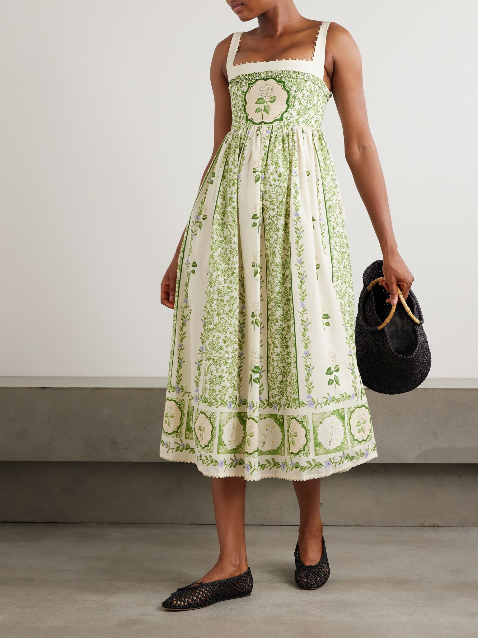 Barbara pleated bead-embellished floral-print linen midi dress Sage green - 2